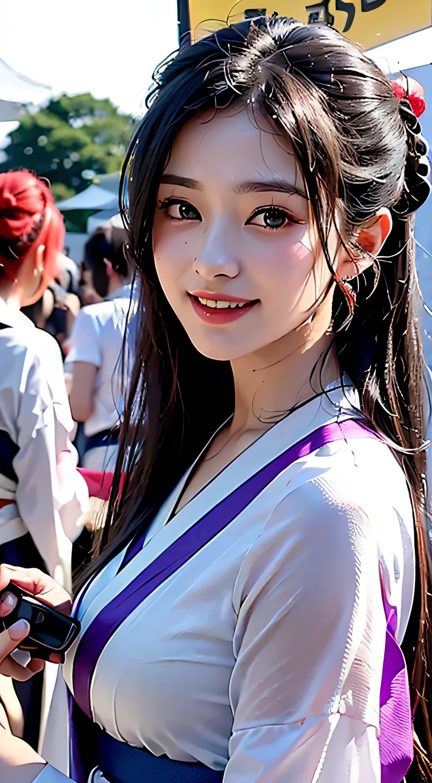 best qualtiy、masterpiece、photoRealstic、intricate-detail、Raw foto、Photon Rendering、Octane Rendering、absurderes、ultra-detailliert、A detailed face、Detailed skin、Trending in art stations、8K Masterpiece、lighting like a movie、( (1girl in))、((独奏) ))、CG Social Trends、Plastic En、((Black Long Hair))、((Beautuful Women))、(A smile)、Upper teeth、Fashionable、Hair that flutters in the wind、((Flowing hair))、fashion magazine、((A sexy))、((lighting like a movie)、((indirect lighting)、、(ssex)、Grinning、(View from a distance)、((Festival of Japan))、Dark purple kimono、Hair is up、