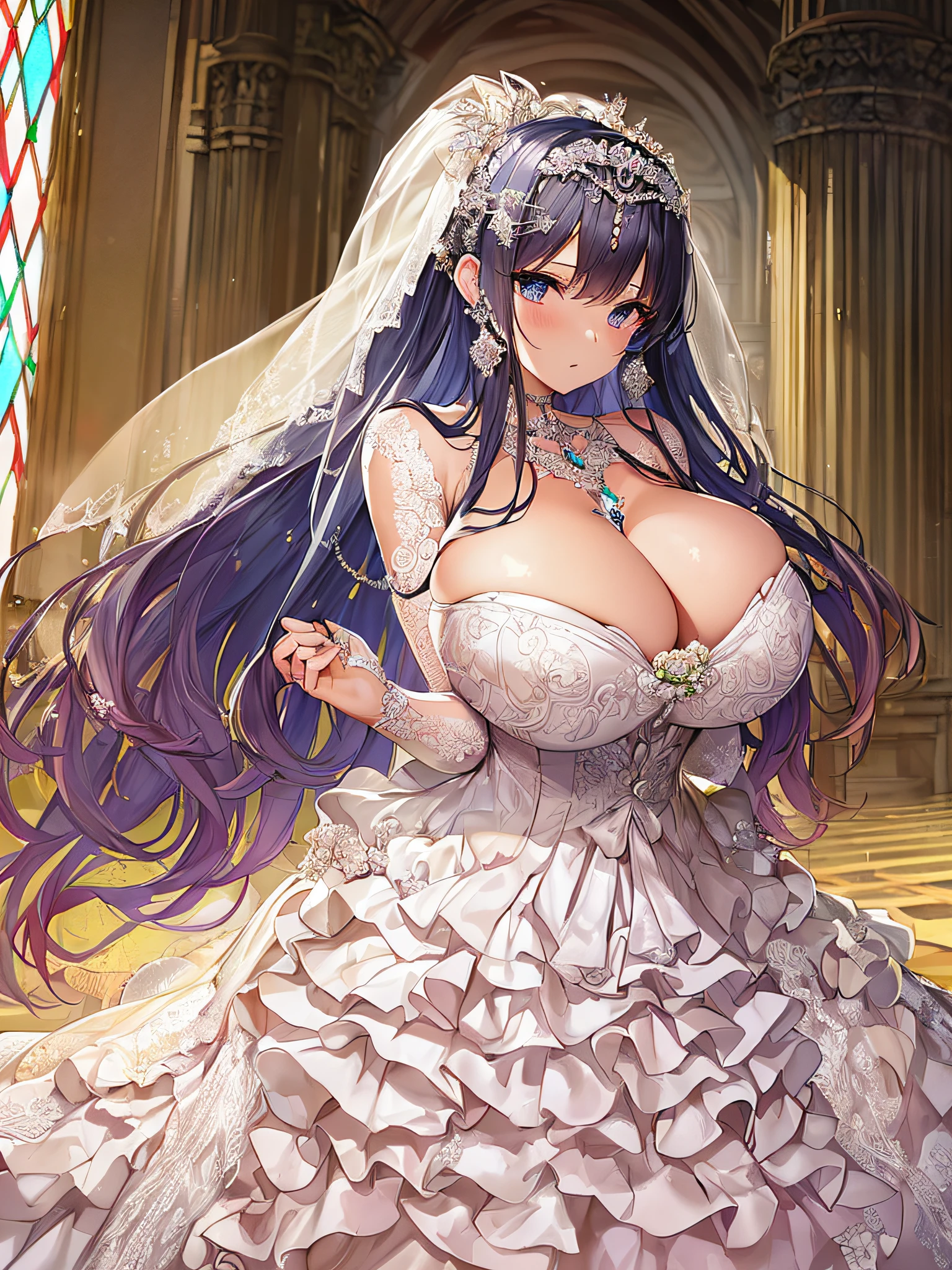 ((anime artstyle)),(Masterpiece),(Best Quality), (Super Detail),((Very Delicate and Beautiful)),Focus on character,Dynamic Angle,Looking at viewer,((Solo)),standing,((full body)),((one princess in gorgeousfull wedding dress with voluminous skirt)),((June bride)),detailed face and eyes,jewel-like eyes,((Very Long voluminous Hair)),gorgeous embroidery and lace,((gorgeous corsage)),See-through,(Gorgeous jewelry ornaments),luxury hair ornament,luxury tiara with jewels,ornate ruffles,((gigantic breasts,Long breasts)),indoor,church wedding,((full body)),hoop skirt,crinoline,very long gorgeousfull wedding veil,(((jeweled gorgeous embroidery wedding dress)))