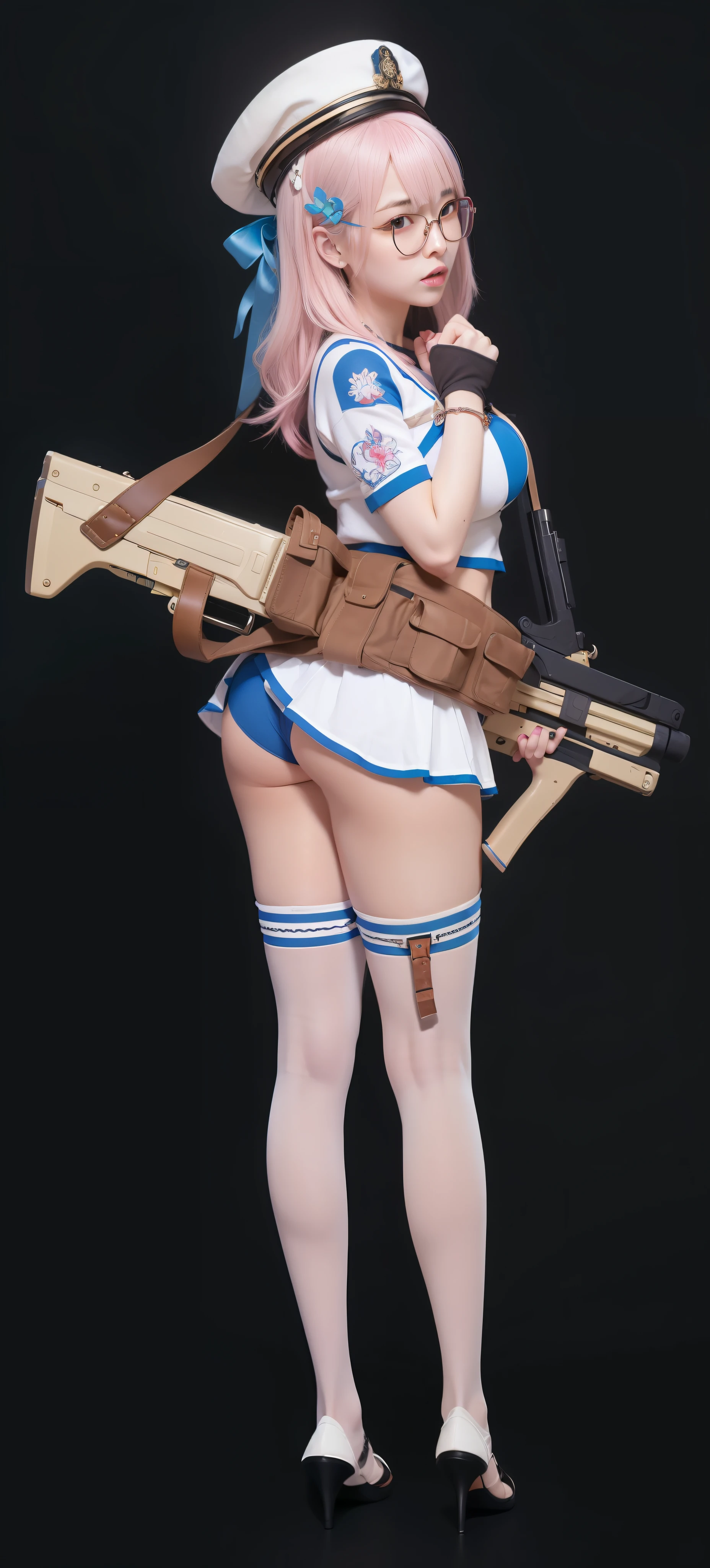 A hyper-realistic、ultra-detailliert、top-quality、hight resolution、Japan goddess of war with white gun and waist pouch、Light pink hair、Blue hairpin、Red-rimmed glasses、Twist miniskirt to expose blue panties.、white knee-socks