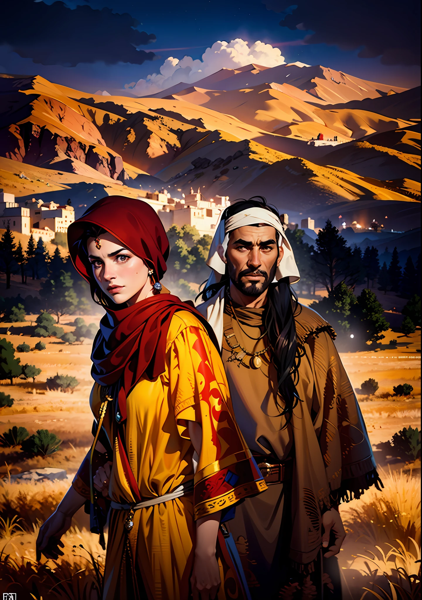 (Best Quality, Masterpiece), A cinematic movie poster for a historical film, cinematic, fade, Arabic couple, showcasing their Berber heritage, standing in the mesmerizing expanse of the desert. Their captivating gaze and powerful presence bring alive a cinematic atmosphere under the enchanting night sky, cinematic fade, mist, night sky, look at the viewer,