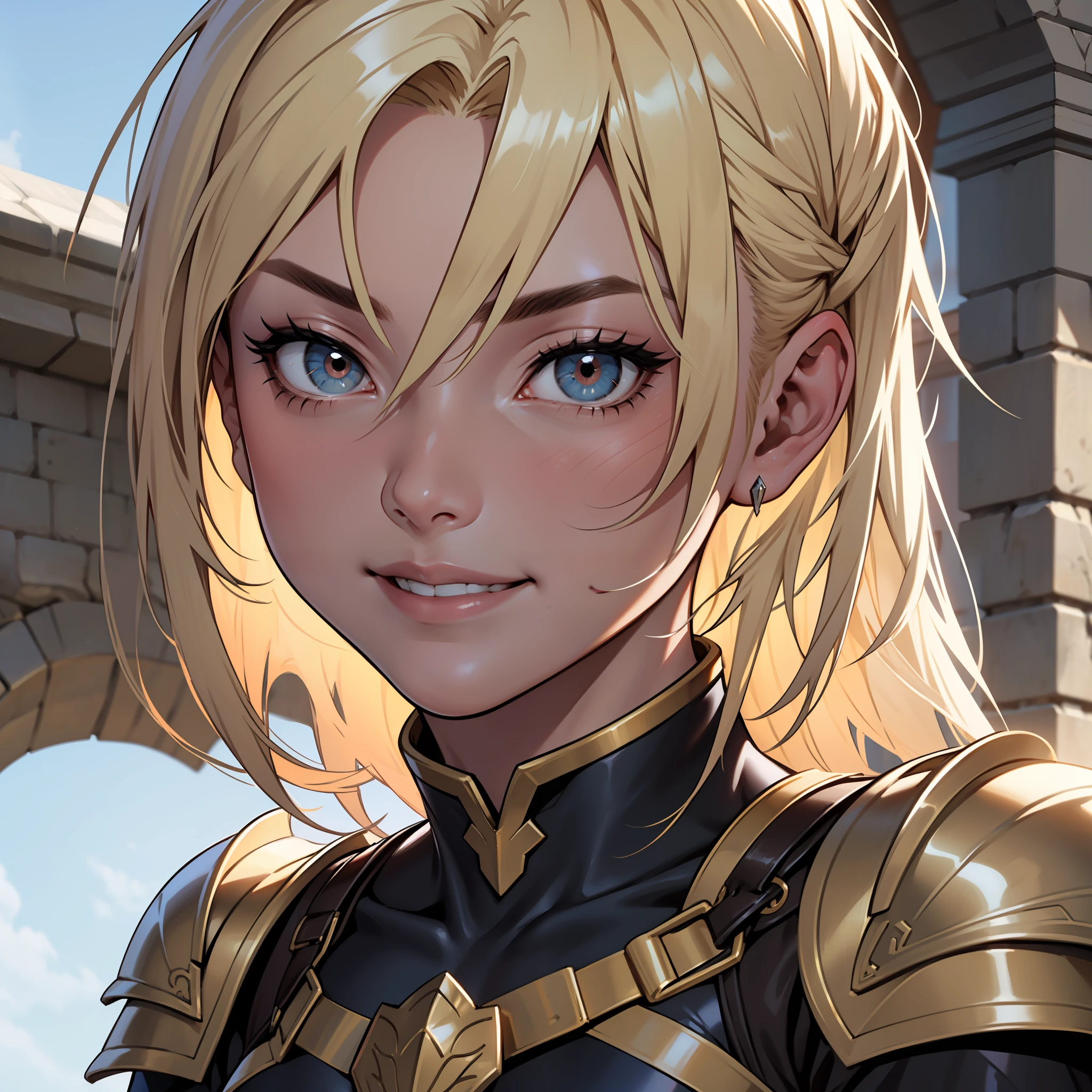very long hair, seductive smile, Armor medieval, Feminino, Cabelo liso, Adolescente, palace environment, Olhos azuis, Beleza juvenil, blonde hair, super detail, super detail, high quality, best quality, high details, textured skin, anatomically correct, masterpiece