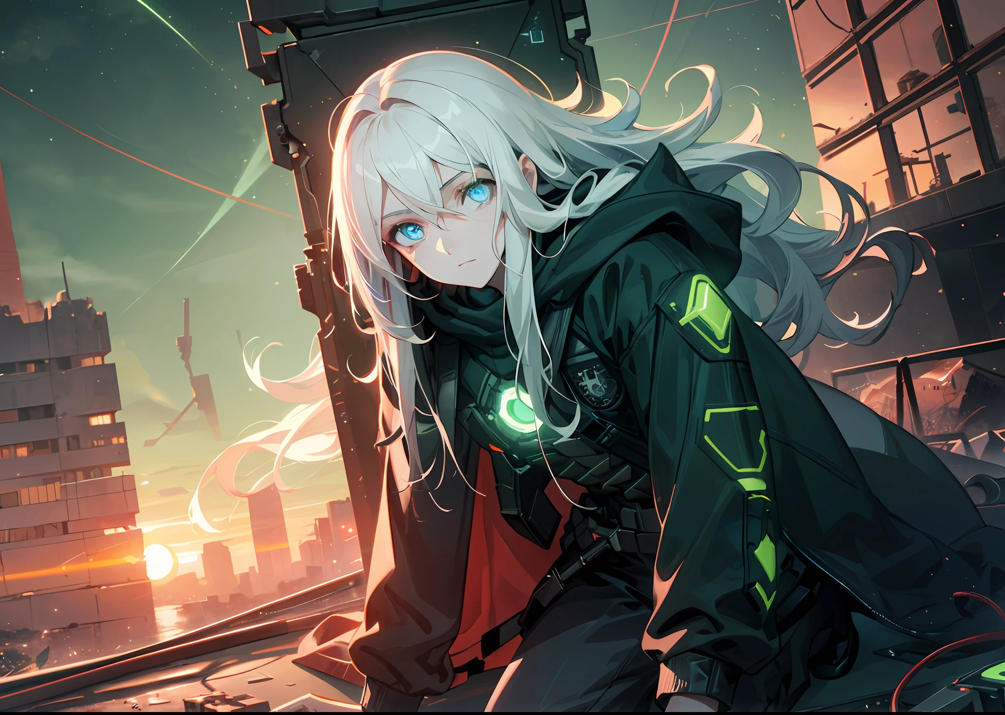 Smoke, (war:1.5), postapocalypse, ((Planets in the sky, stars in thr sky)), ((Dark green sunset:1.3)), (Green sky:1.2), green light, The ruined backdrop of the city, ((spaceship in the sky)), science-fiction, (shapely body: 1.4), a 1girl, sitting on the rubble of a building, (Long white hair:1.4), (blue eyes:1.2), (Detailed eyes and face:1.5), Black pants, black big sweatshirt, hood, (Cyberpunk clothes), (clothes in black and white colors), black cloak, city   of the future, (calm face:1.3), Destroyed skyscrapers, Wire, HDR (High Dynamic Range), ray traced, NVIDIA RTX, Over-resolution, Unreal 5, sub-surface Scattering, текстурирование PBR, postprocessed, Anisotropic filtering, Depth of field, Maximum clarity and sharpness, Multi-layer Textures, Albedo and specular maps, Surface shading,  Accurate Light-Material Interaction Simulation, Octane rendering, duotone lighting, Low ISO, White balance, the rule of thirds, Wide aperture, 8K RAW, efficient sub-pixel, sub-pixel convolution, (luminescent particles: 1.4), {{tmasterpiece, beste-Qualit, extremely detailed CGI, Unity 8k壁纸, 3d, 电影灯光, lens flares}},