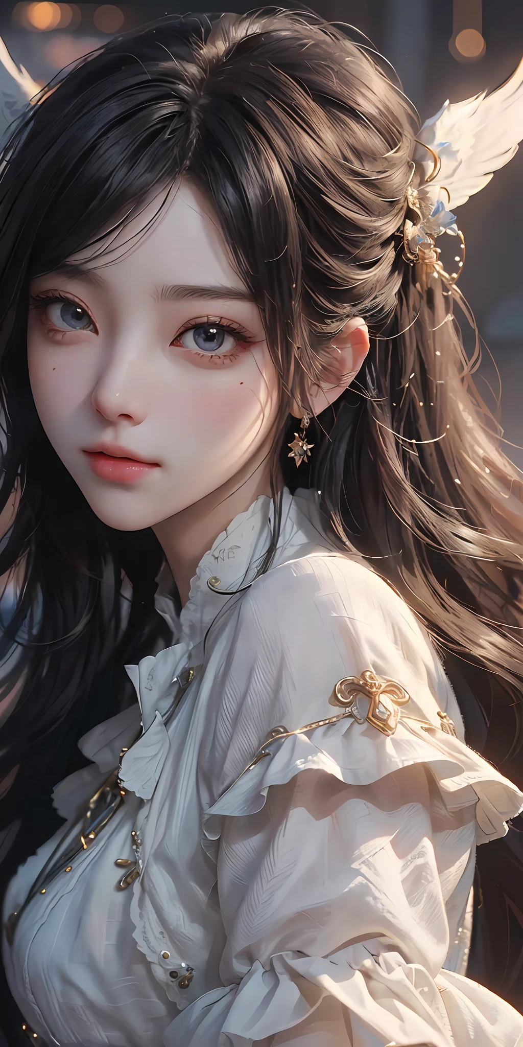 (With angel wings)1girll,The halo,angelicales,high high quality,tmasterpiece,Delicate facial features,Delicate hair,Delicate eyes,Guviz-style artwork, guweiz masterpiece, Stylized anime, Angelic face, steampunk angel, Loli, (softlighting:1.2) (beautiful detailed face),(美丽细致的眼睛)Eyes shine, hair between eye,lusciouslips