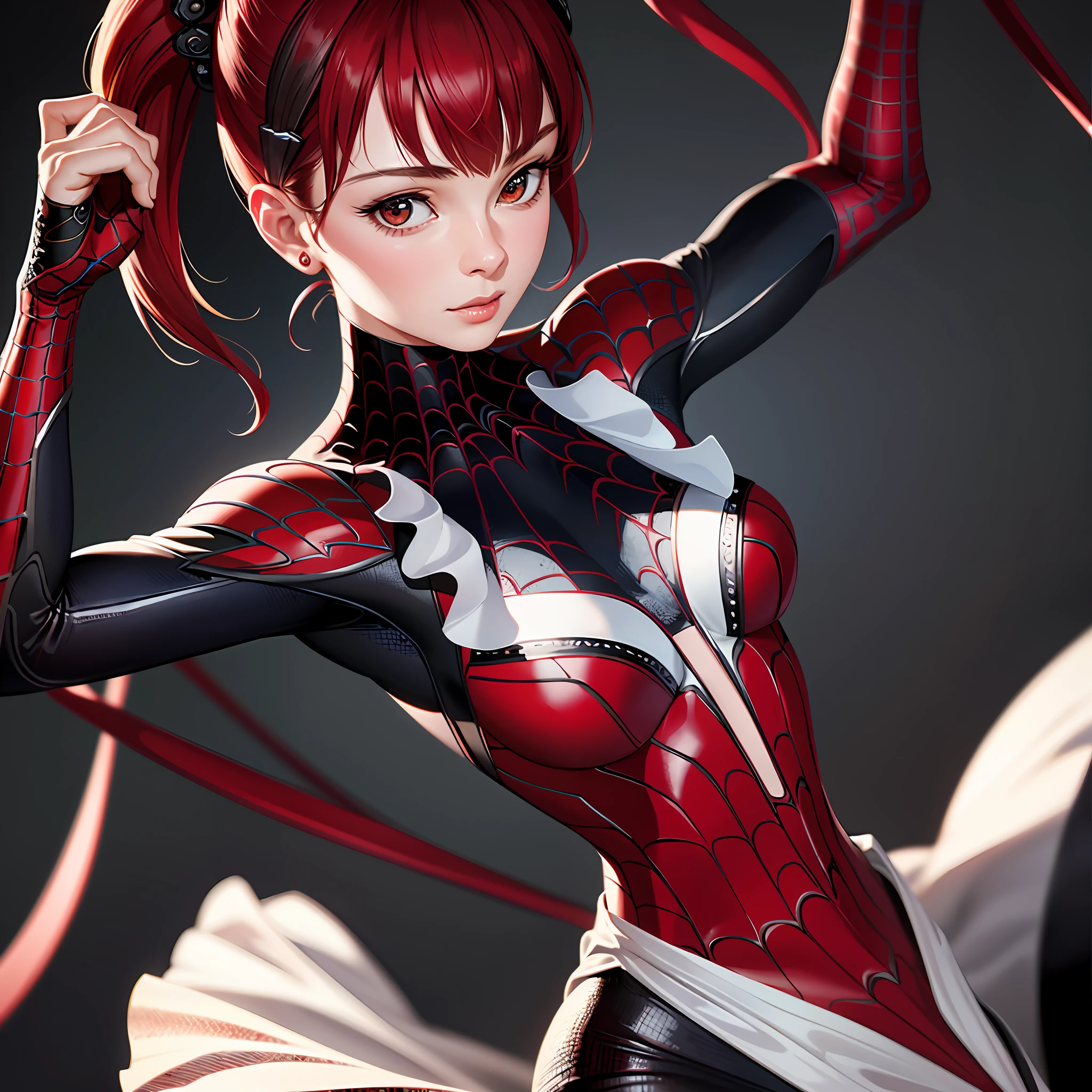 best quality,game cg,1girl, masterpiece, best quality, 8k, detailed skin texture, detailed cloth texture, beautiful detailed face, intricate details, ultra detailed, audrey hepburn, Spider-Man uniform, straight red hair, (Half body:1.2)