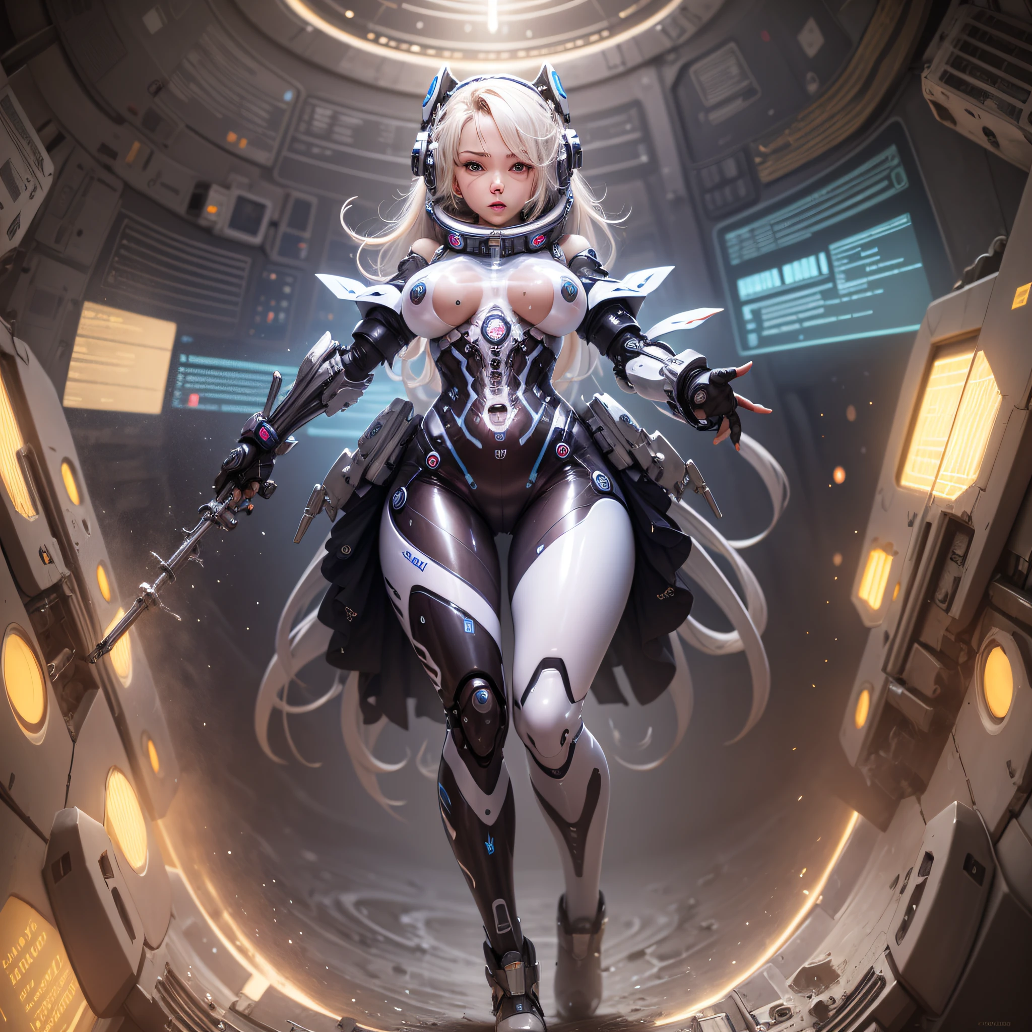 masterpiece, best quality, 1girl, translucent skin, bodysuit, mechanical, full body shot, space, from below, large breasts, bone