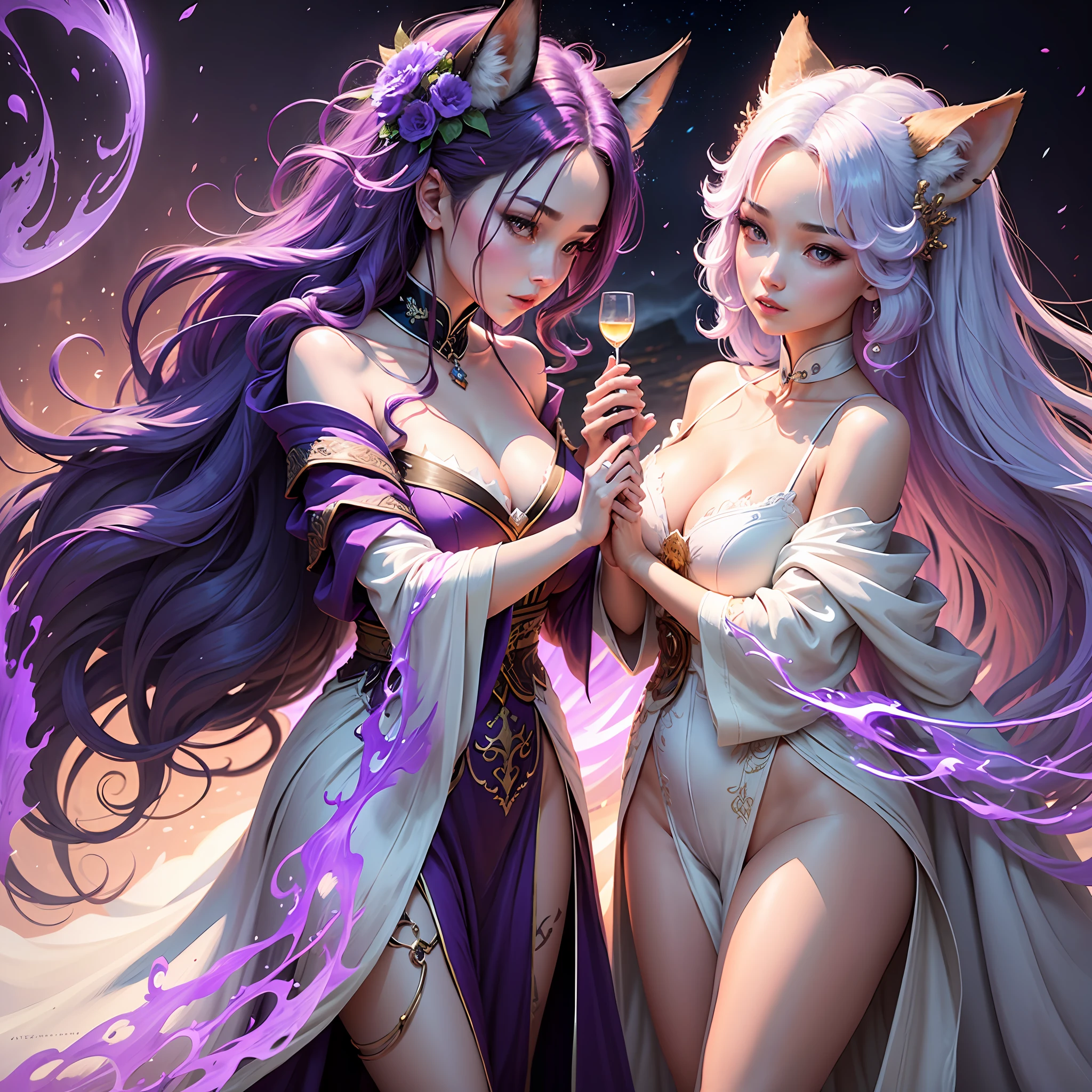 Beautiful and ethereal vixen dressed in flowing white Chinese robes。The image captures vixens in the dark ocean of the underworld，It is surrounded by purple gas and faint clouds。Use Midjourney's advanced brush tools to create complex folds and textures on vixen's robes and hair，And experiment with different color palettes and brushstrokes to bring out the ethereal quality of the scene。The image of the vixen is sometimes obscured by the purple qi around it，It also adds to the beauty of the vixen，Make the scene full of mystery and fascination。Leverage Midjourney's powerful tools，You can bring this captivating and ethereal scene to life with incredible detail and beauty。 hdr，（真实感，Masterpiece quality，best qualtiy），，PureErosFace_V1，Urzang-6500-V1 Edition.1， --auto