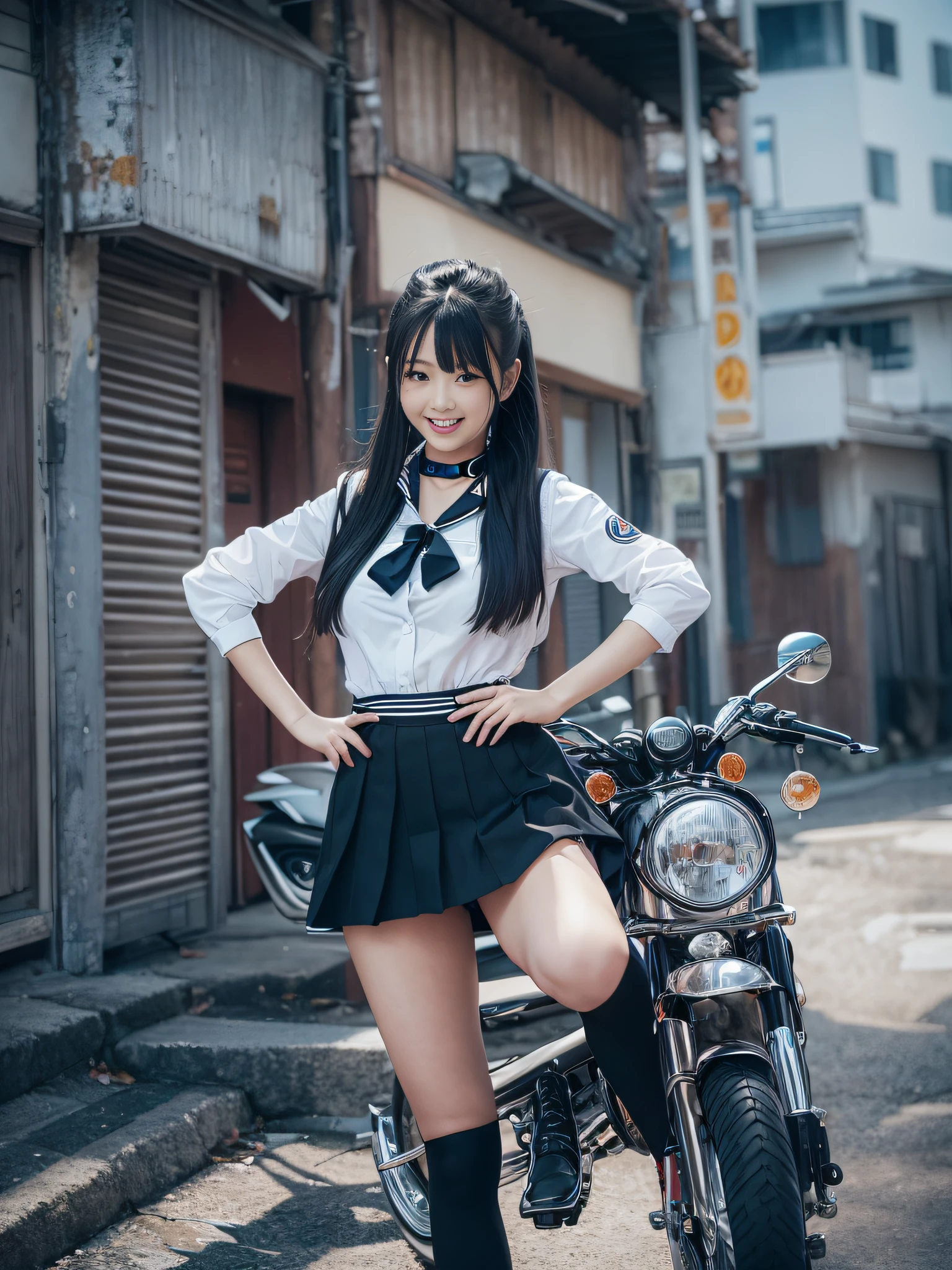 top-quality、超A high resolution、1人、a sailor suit、a miniskirt,(huge-breasted:1.2)、Black boots, Riding a motorcycle, Long Black Hair,poneyTail, Photo, Residential area,Live action,japanes,独奏,Beautiful expression,Wearing black tights,beautiful smiling face,perfect body type,Black Choker,Live action,No logo,No letters,Wearing black stockings,I can see my cleavage.,The wind seems to flip up my skirt,Shining eyes