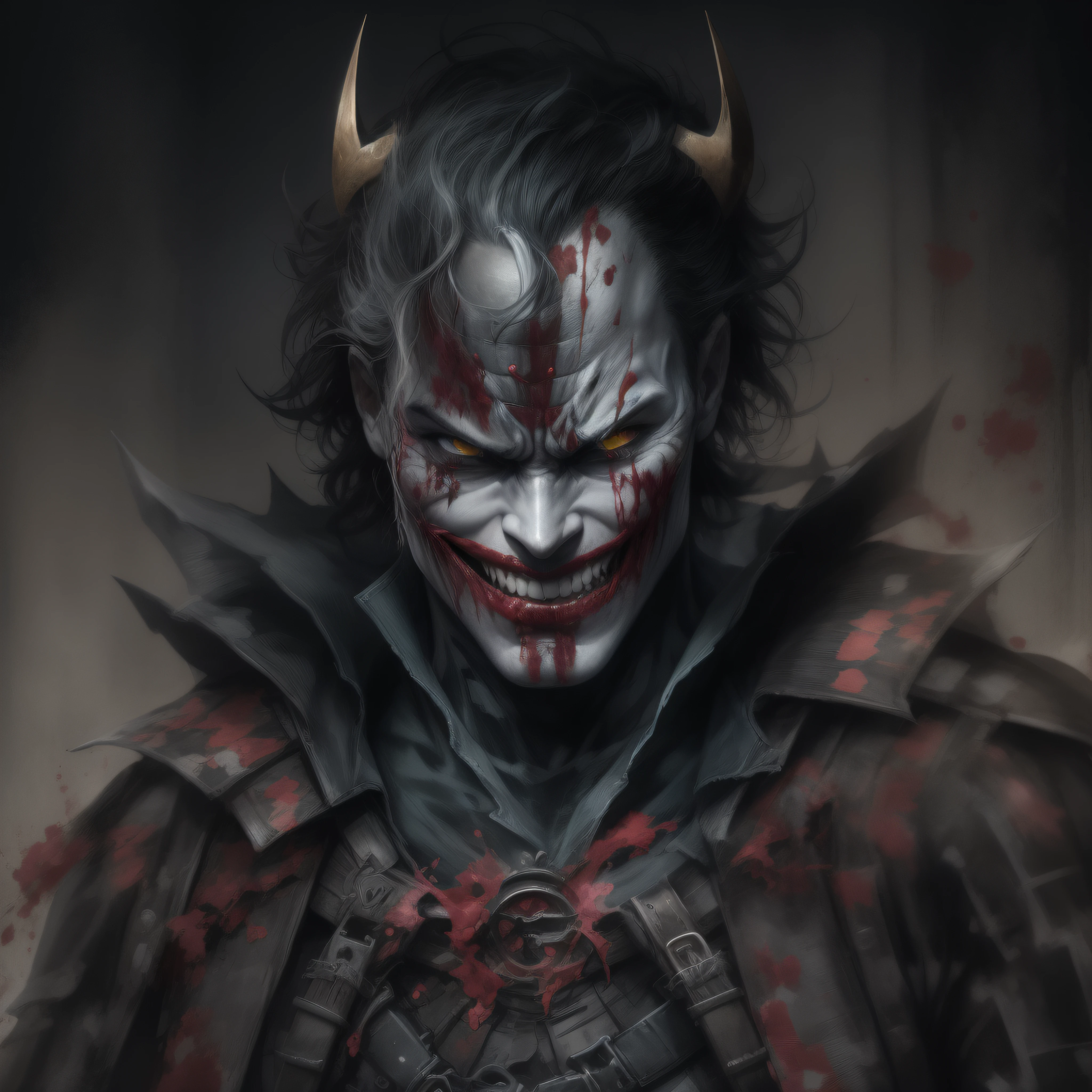 "Coringa Samurai , Sorriso sinistro, blood tears, sombrio, qualidade excepcional, multiple facial scars, Batman que ri, armadura Samurai das trevas, Gothic style."