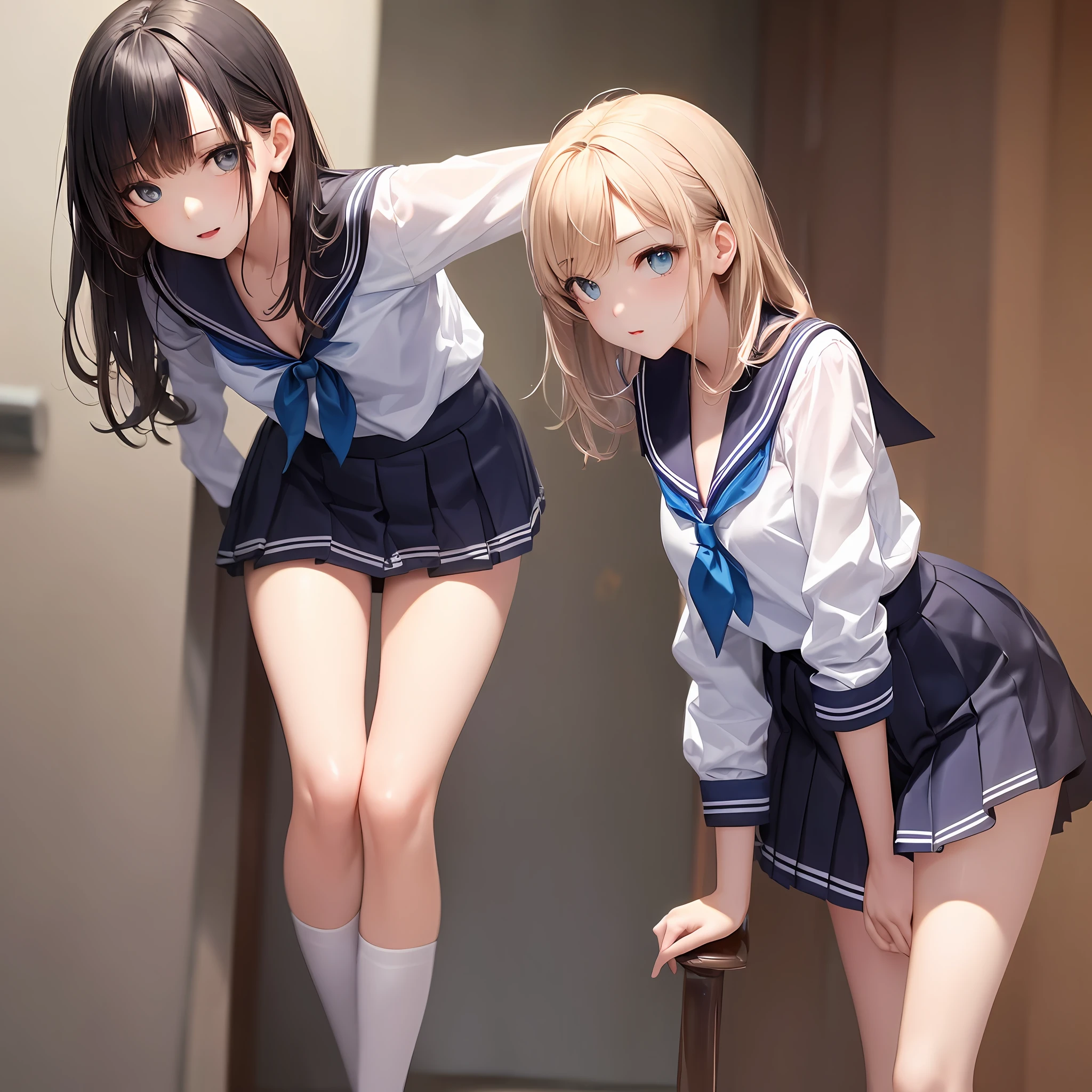 (masterpiece)、(best qualtiy)、(ultra-detailliert)、(a high chroma)、tre anatomically correct、(CG Illustration)、((1 beauty))、Gravure Idol 1.5、18 year old beautiful schoolgirl、(((Fine and beautiful eyes)))、Delicate beautiful face、(A dark-haired)、(dishevled hair)、((a sailor suit))、See-through clothes、Translucent white panties、(Black knee-high、Dark blue pleated skirt、Blue sailor color)、sexy chest、cleavage of the breast、Beautiful schoolgirl spreading her legs、small and stiff nipple 、the pose、The best lighting、simple background