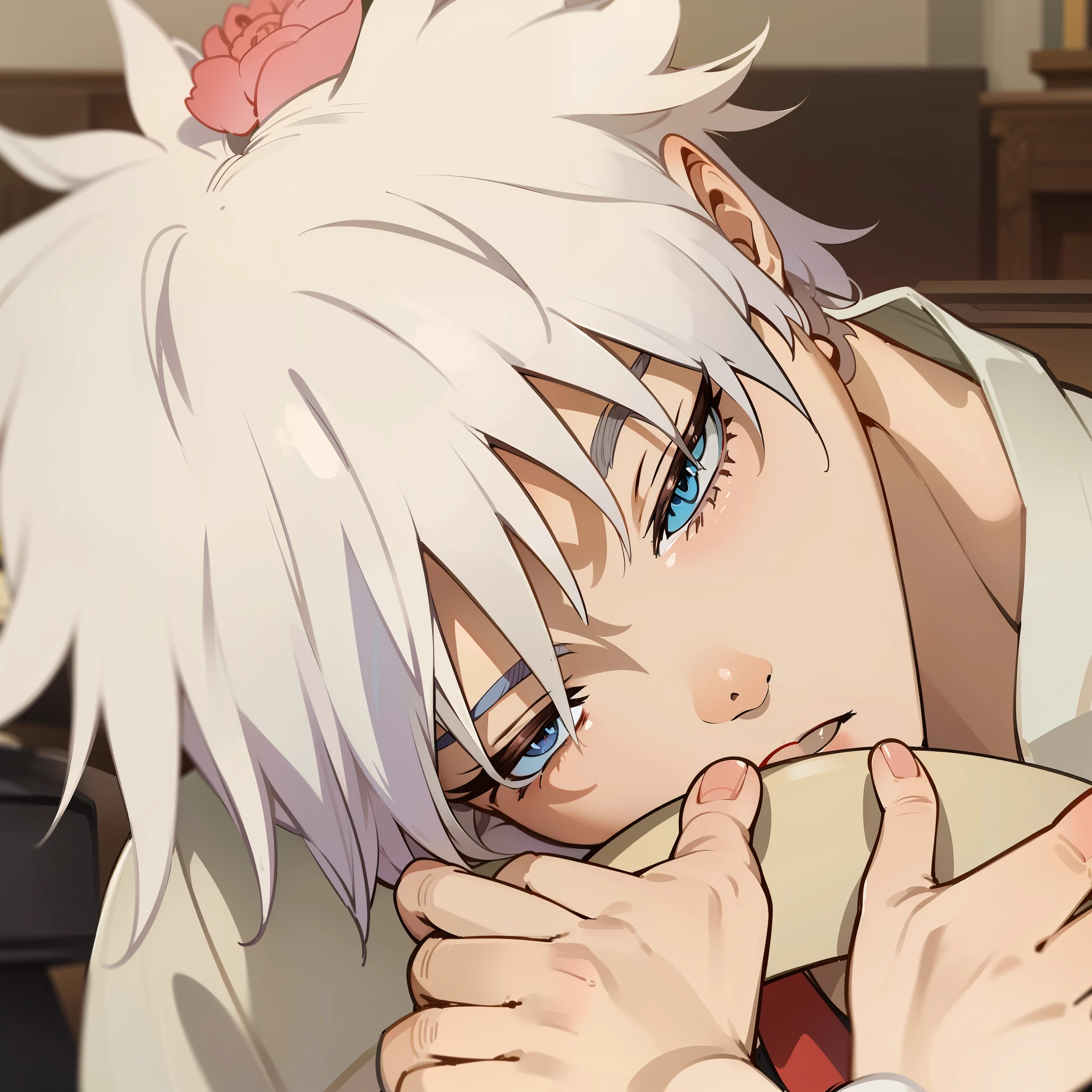 ((Gojo satoru)), (((1boy))), ((tonificado)), foco masculino, obra-prima, alta qualidade, (obra-prima:1.2), (melhor qualidade:1.2), pele brilhante, realista, ornamentada, intrincada, ((cabelos branco)), (cabelos curto), olhos azuis, franja, cabelo entre os olhos, hair_stick, sexy_boy, japanese_clothes, elegante, looking_at_viewer, holding_fan, red_eyeliner, FH, olhos sexy, olhando para o espectador, pupils constricted, dinamic pose, (sombras projetadas sobre o rosto:1.3), sala de sombra, (parte superior do corpo), pintura tinta tradicional chinesa
