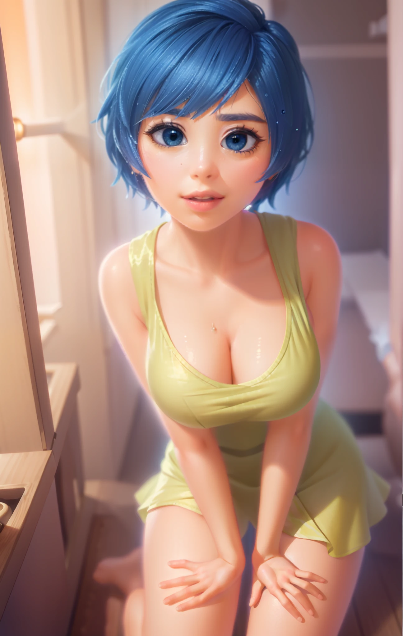 Masterpiece, Best Quality, (joying_Inside out, yellow skin, ), Happy, wet transparent mini green dress, Pixar, cartoony, 3D Rendering, little chest, sexy expression, bare footed, panty, showing panties, panties visible, ((Masterpiece)),((Best Quality)),absurdress, Sunlight, (half closed eyes:0.4), (parted lips:1.4), (nose blush:1.2), slight smile, detailed between legs, (((from below))), foreshortening, looking at viewer, blackcutoffs, (eye contact), masterpiece, high contrast, best quality, ultra high res, high resolution, detailed, (parted lips:1.4), (nose blush:1.2), breasts visible, Showing breasts, (cinematic lighting), ((high-angle view)), (half body shadow), [backlighting], [crepuscular ray], [detailed ambient light], [gray natural lighting], [ambient light on the belly], (higher wildlife feral detail), [explict content], [sharp focus], (questionable content), (shaded), ((masterpiece), Commission for High Res, masterpiece, best quality, detailed image, bright colors, detailed face, perfect lighting, perfect shadows, perfect eyes, girl focus, flawless face, gorgeous body, shiny body, center focus, gaze at the viewer, 1girl, solo, (masterpiece:1.21), (best quality:1.2), (illustration:1.2), (cinematic lighting:1.3), balanced coloring, global illumination, ray tracing, good lighting, cleavage, attractive body, sexy body, looking at viewer, SFW, portrait close up