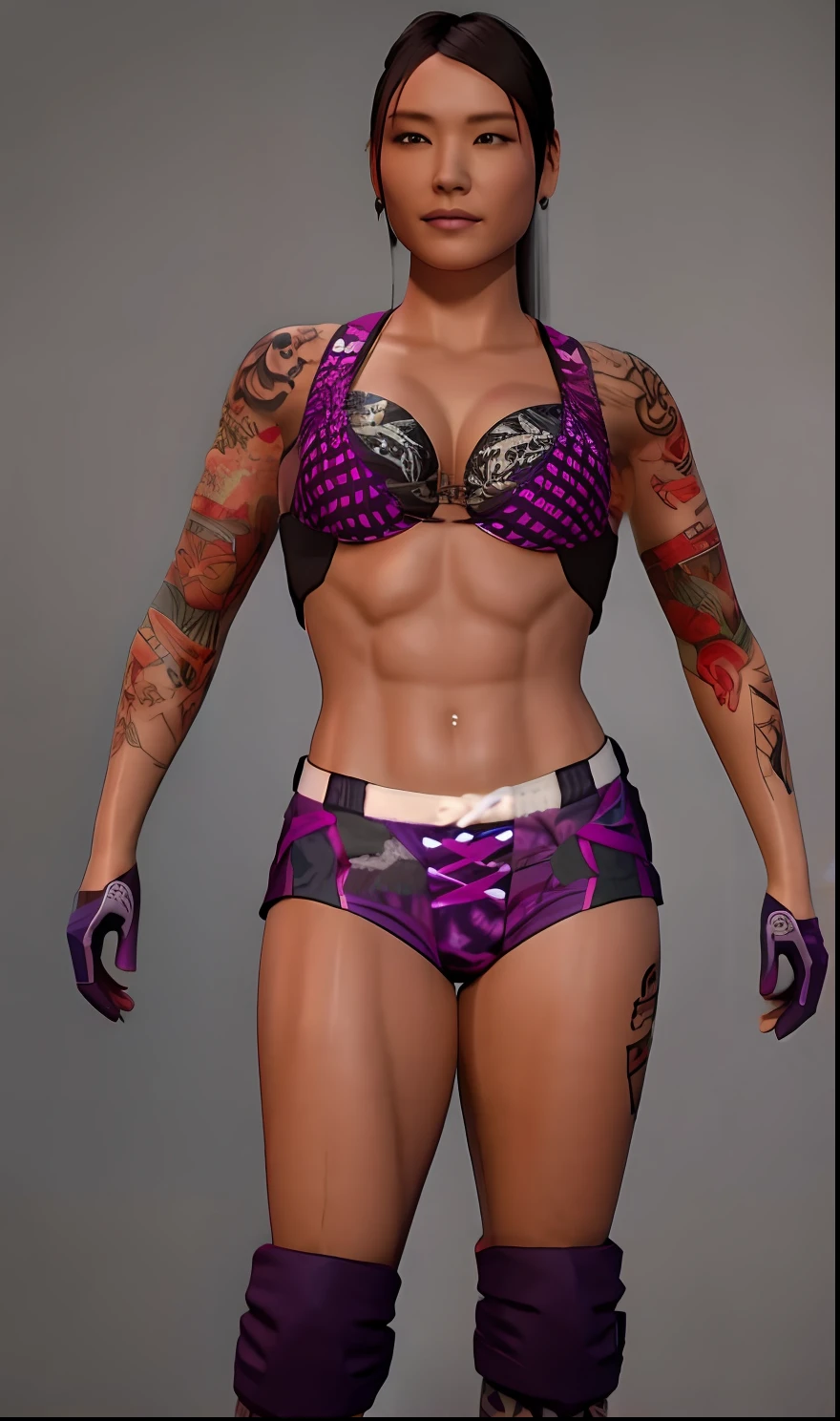 a japanese woman with tattoos and purple underwear posing for a picture, fully tattooed body, beautiful realistic upper body, diesel punk female, daz studio genesis iray female, tattooed body, highly detailed body, bra and shorts streetwear, muscular ultraviolent woman, highly detailed upper body, detailed upper body, daz 3 d, daz 3d, daz3d, in clothes! highly detailed