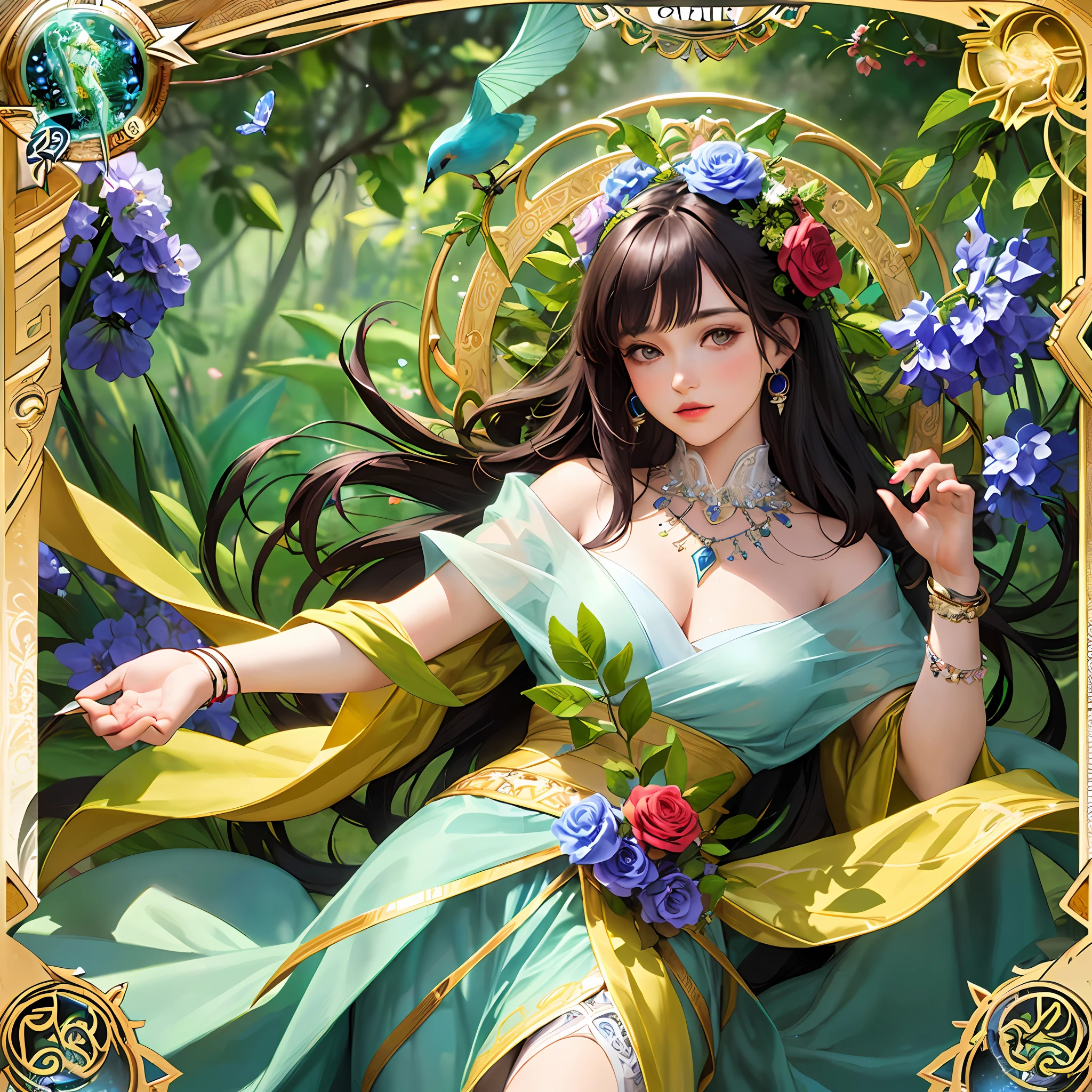 masterpiece, best quality, Alphonse Mucha, art nouveau,
(tarot card style:1.3), unique tarot card framework incorporating floral and greenery elements,
blunt bangs, black straight long hair, looking at viewer,
Amidst a verdant garden, a mystical maiden in a blossoming gown dances with ethereal creatures, bathed in sunlight that illuminates flourishing flora and ancient tarot symbols,
roses, lilies, cherry blossoms, irises, foliage, moss, and vines, elegant dresses inspired by nature, accessories including flower and leaf-designed necklaces, earrings, rings, bracelets, hair ornaments, butterflies, birds, bees, tarot symbols reimagined with floral and greenery designs, goddesses, natural backgrounds like gardens, forests, lakesides, effective use of light and shadow,
realistic, hyper realistic lifelike 3d, zentangle,