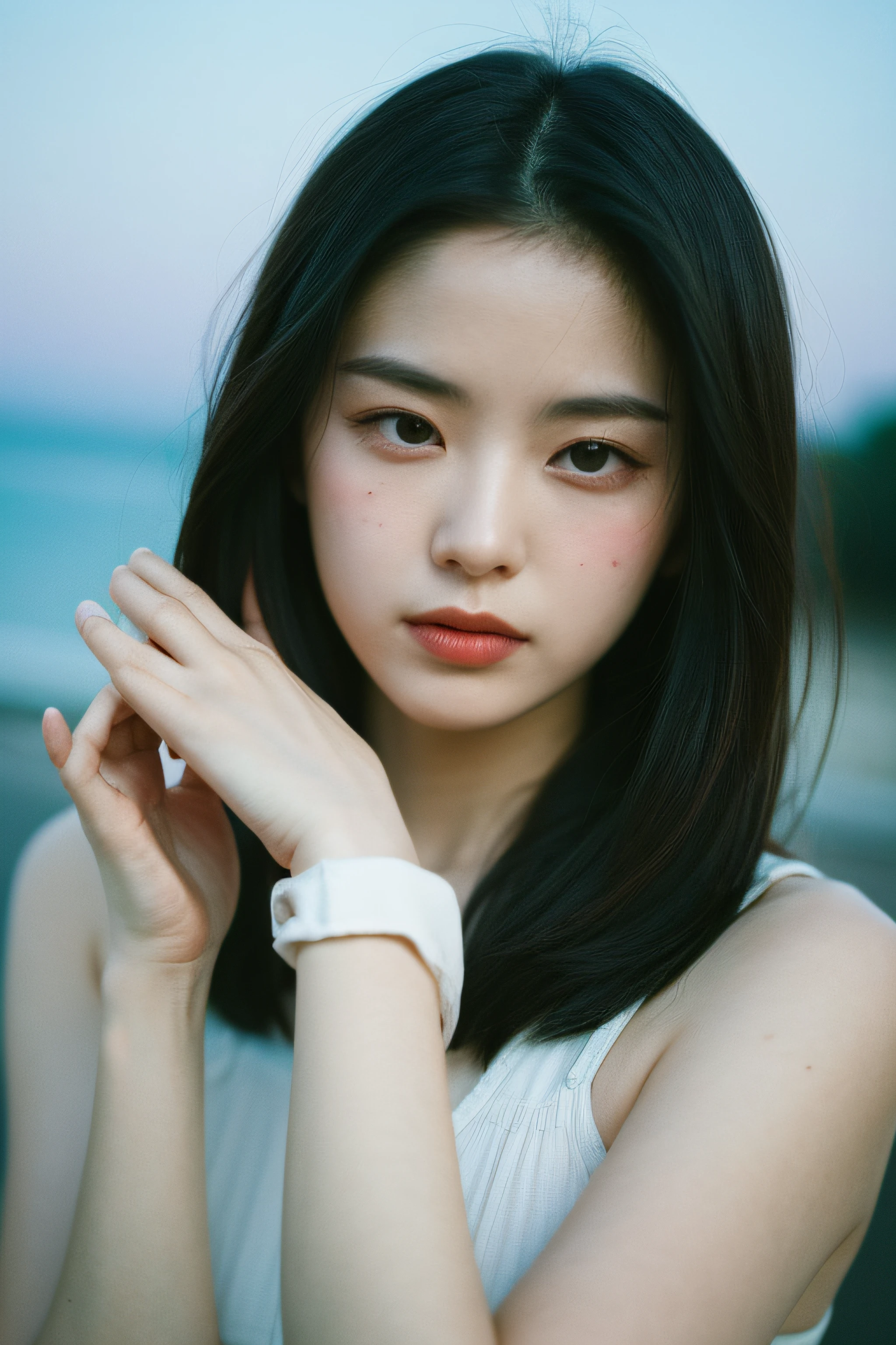Photo of a Beautiful Korean kpop idol Woman, Summer, Lustful, Film-like shades、cinematic、Film grain, 80mm、emotion、Looking at the camera、Run your hands over your face to avoid the light、realisitic、masuter piece