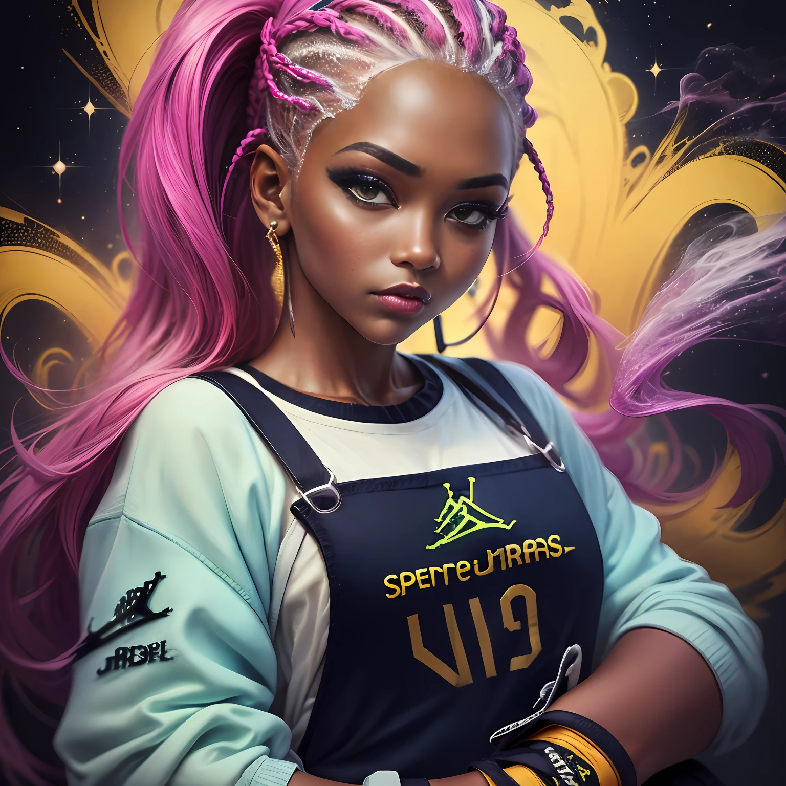 18 year old female with dark skin, Braided 3 different colors neon Pink and Neon Green, contrasting color hair, white overalls, (overall suspenders:1.5), (Retro Air Jordan 11 Taxi sneakers:1.5), seductive look, Bioluminescent, City Girls, looking at camera, chubby, 1girl:1.2, body covered in Diamonds and Jewelry A Centerfold named Shauntice, Mixed Race instagram Biracial Ethnic Caremel skin-Mode:1.2, Streetwear Hypebeast supreme:1.3 \(brand\), words on body:1.1, Instagram Braid Artist instagram Hair stylist (1girl), 2 colored hair, (Nebula smoke behind head and eyes Ethereal:1.2, , Alberto Seveso, fantasy art:1.1, ((Fantasy background)) , long smoke hair:1.2, outdoors, aestheticism), (goosebumps:0.5), subsurface scattering, (masterpiece, top quality, best quality, official art, beautiful and aesthetic:1.2), extreme detailed, colorful, highest detailed