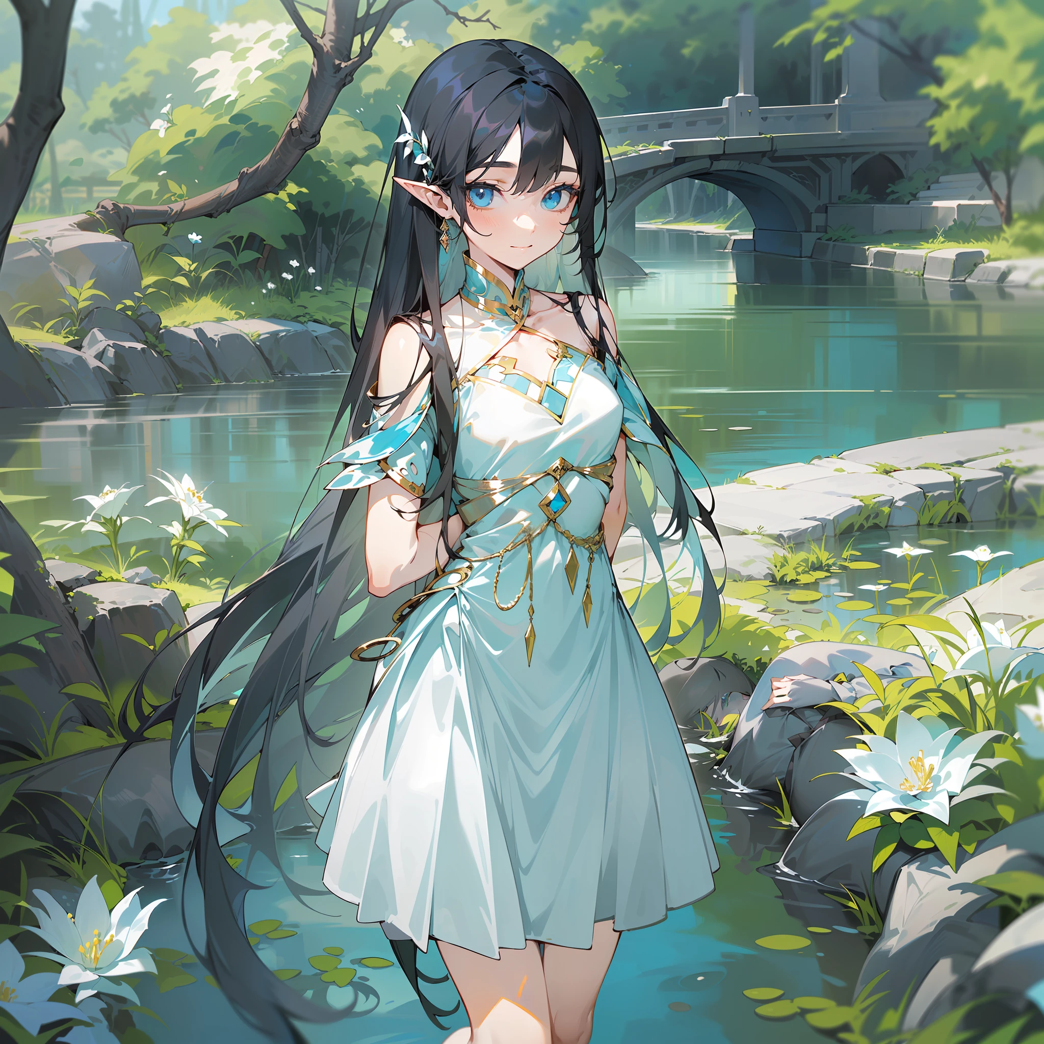 one young woman, (pale skin), (((slim body))), (((flat chest))), (((very flat chest))), (((extremely flat chest))), (((very small breast))), (((black hair))), (((black colored hair))), (((long hair))), (((straight hair))), (((no bangs))), (((no fringe))), (((her left eye is blue and her right eye is grey))), ((one light blue colored eye)) and (((one grey colored eye))), (((slanted eyes))), narrow eyes, pointy ears, (((one person))), ((single)), ((solo)), (((wearing fantasy clothes))), ((light blue colored clothes)), ((white colored clothes)), ((black colored clothes)), (((fantasy style))), white flowers in the background, (((wearing a short dress))), low cut dress, standing in a garden, river in the background, (confident smile), mature face, (magic)