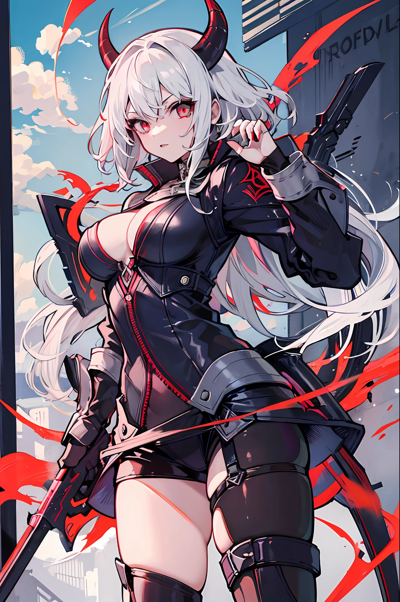 1girl,white hair,stockings,devil trigger,weapon,