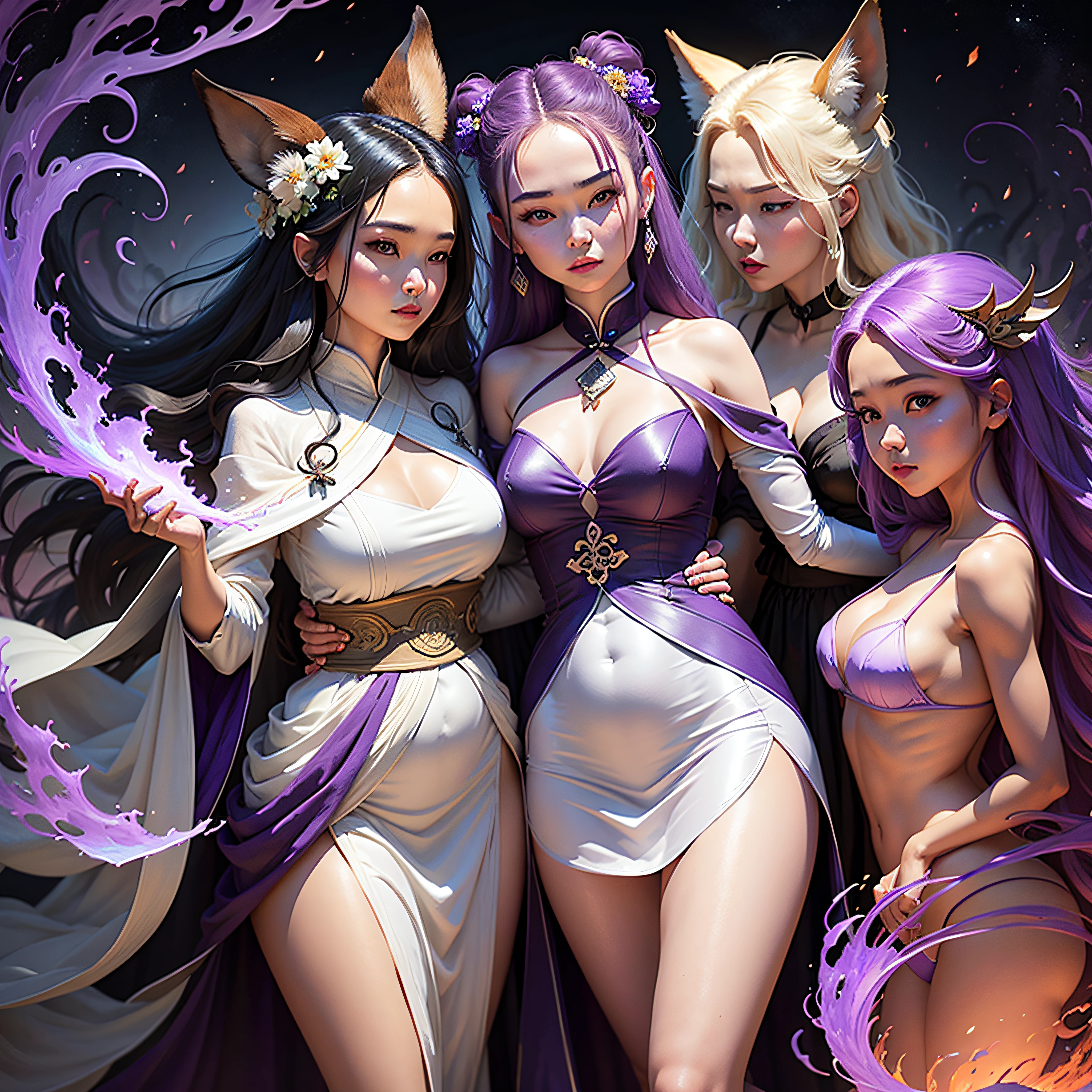 Beautiful and ethereal vixen dressed in flowing white Chinese robes。The image captures vixens in the dark ocean of the underworld,It is surrounded by purple gas and faint clouds。Use Midjourney's advanced brush tools to create complex folds and textures on vixen's robes and hair,And experiment with different color palettes and brushstrokes to bring out the ethereal quality of the scene。The image of the vixen is sometimes obscured by the purple qi around it,It also adds to the beauty of the vixen,Make the scene full of mystery and fascination。Leverage Midjourney's powerful tools,You can bring this captivating and ethereal scene to life with incredible detail and beauty。 hdr,(真实感,Masterpiece quality,best qualtiy),,PureErosFace_V1,Urzang-6500-V1 Edition.1, --auto