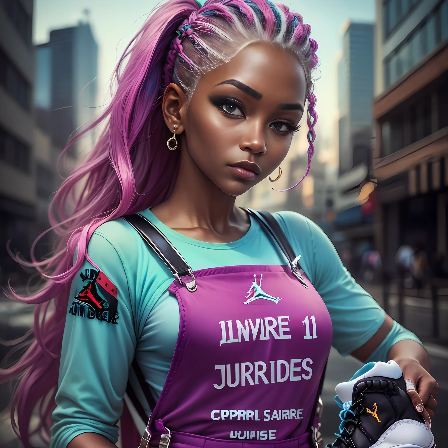 18 year old female with dark skin, Braided 3 different colors neon Pink and Neon Green, contrasting color hair, white overalls, (overall suspenders:1.5), (Retro Air Jordan 11 Taxi sneakers:1.5), seductive look, Bioluminescent, City Girls, looking at camera, chubby, 1girl:1.2, body covered in Diamonds and Jewelry A Centerfold named Shauntice, Mixed Race instagram Biracial Ethnic Caremel skin-Mode:1.2, Streetwear Hypebeast supreme:1.3 \(brand\), words on body:1.1, Instagram Braid Artist instagram Hair stylist (1girl), 2 colored hair, (Nebula smoke behind head and eyes Ethereal:1.2, , Alberto Seveso, fantasy art:1.1, ((Fantasy background)) , long smoke hair:1.2, outdoors, aestheticism), (goosebumps:0.5), subsurface scattering, (masterpiece, top quality, best quality, official art, beautiful and aesthetic:1.2), extreme detailed, colorful, highest detailed