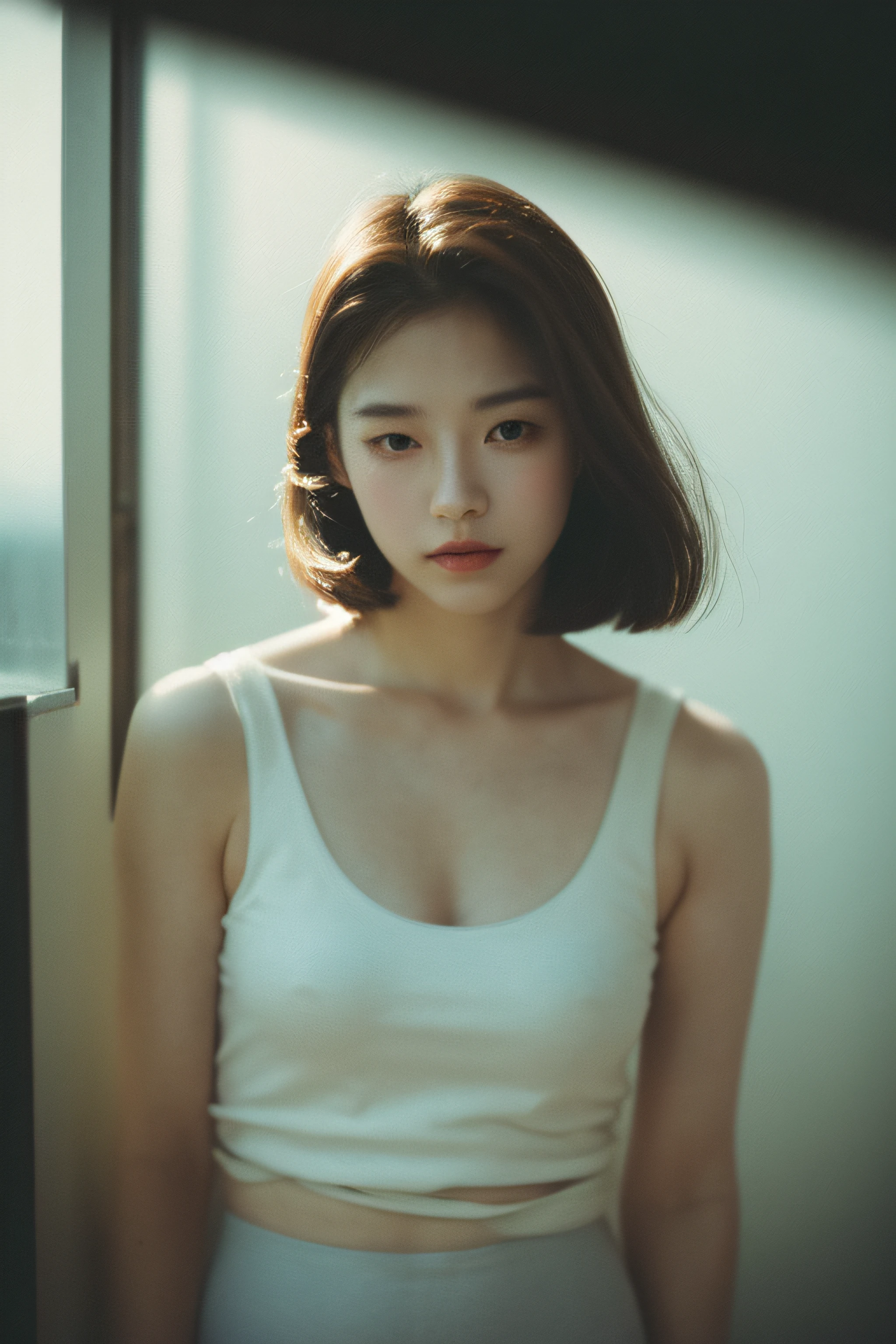 Photo of a Beautiful Korean kpop idol Woman, Summer, Lustful, Film-like shades、cinematic、Film grain, 80mm、emotion、Looking at the camera、Run your hands over your face to avoid the light、realisitic、masuter piece