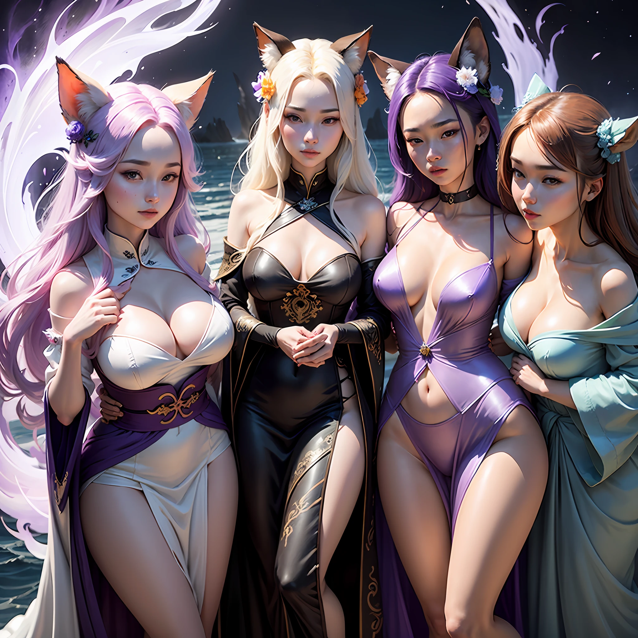 Beautiful and ethereal vixen dressed in flowing white Chinese robes。The image captures vixens in the dark ocean of the underworld，It is surrounded by purple gas and faint clouds。Use Midjourney's advanced brush tools to create complex folds and textures on vixen's robes and hair，And experiment with different color palettes and brushstrokes to bring out the ethereal quality of the scene。The image of the vixen is sometimes obscured by the purple qi around it，It also adds to the beauty of the vixen，Make the scene full of mystery and fascination。Leverage Midjourney's powerful tools，You can bring this captivating and ethereal scene to life with incredible detail and beauty。 hdr，（真实感，Masterpiece quality，best qualtiy），，PureErosFace_V1，Urzang-6500-V1 Edition.1， --auto