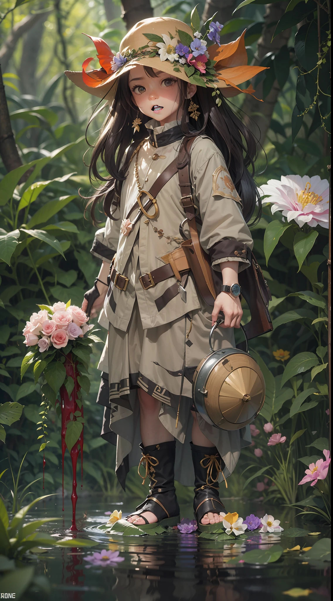 tmasterpiece,Best quality at best,Dense jungle,Rough and damp trees,Huge thick vine,weeds,florals,water puddles,marshes,((Two 5-year-old child adventurers stand in front of a huge flower full of sharp teeth)),(((Flowers with sharp teeth))),adventurer clothing,brutal,bloodthirsty,attacking,bloods,heavy bleeding,super-fine,Works of masters,high qulity,8K分辨率,depth of fields,电影灯光,Epic shooting
