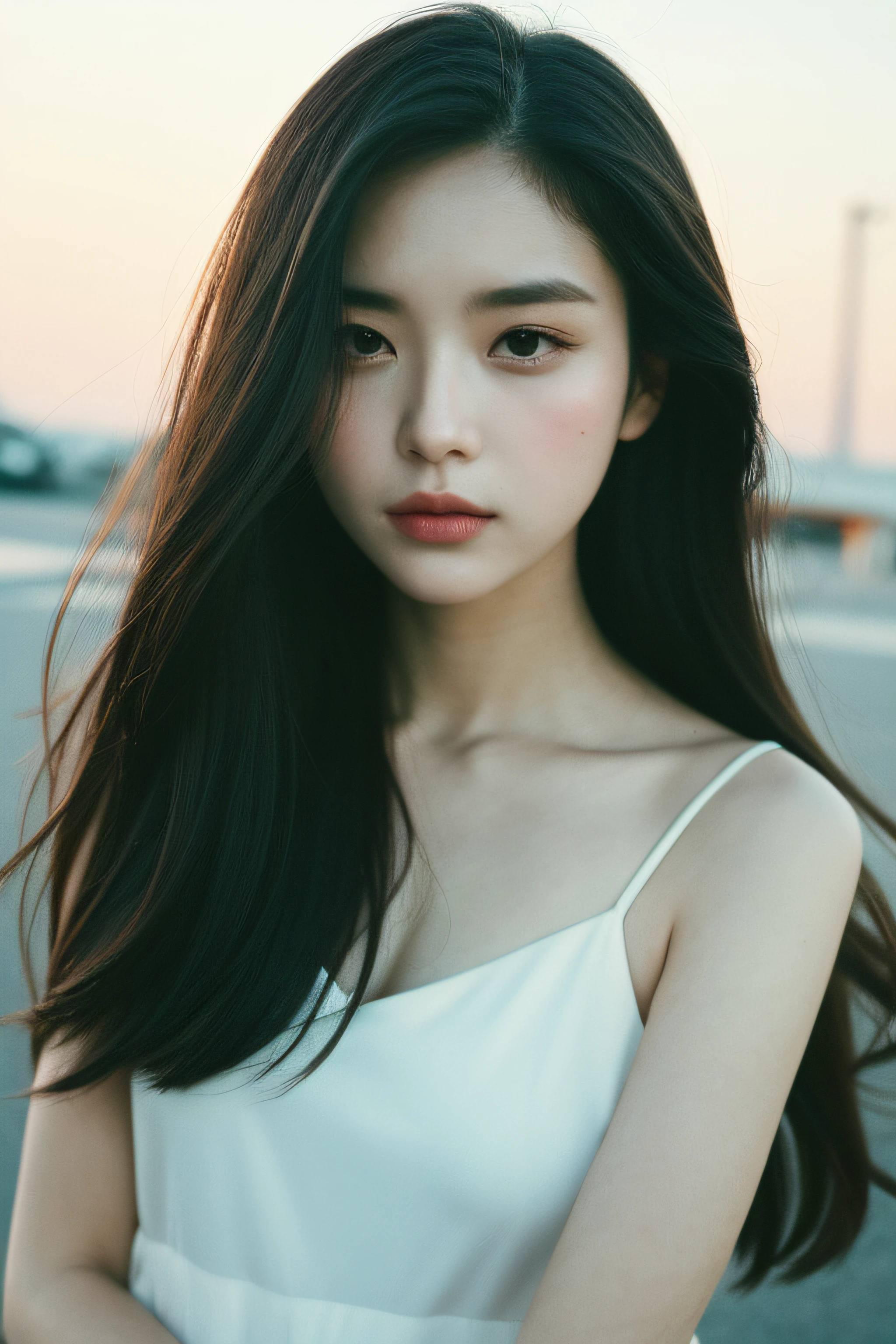 Photo of a Beautiful Korean kpop idol Woman, Summer, Lustful, Film-like shades、cinematic、Film grain, 80mm、emotion、Looking at the camera、Run your hands over your face to avoid the light、realisitic、masuter piece