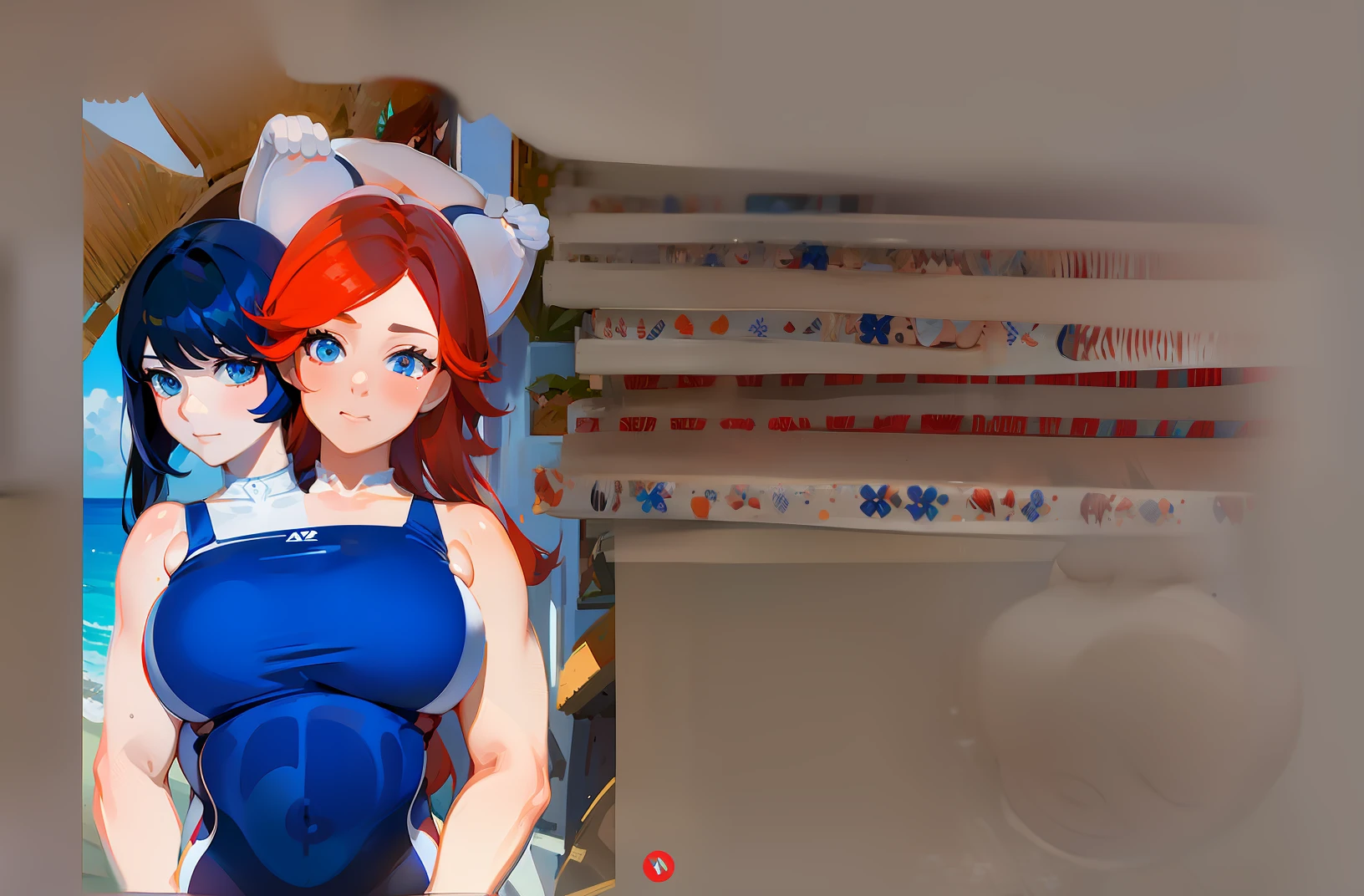 photo of 2heads, woman, femboy, close up, white skin, red hair, black hair, blue swimsuit, white background, gigantic breasts, swimsuit, pregnant, large belly, gigantic belly, bloated belly, large stomach, chubby, fat, big stomach
