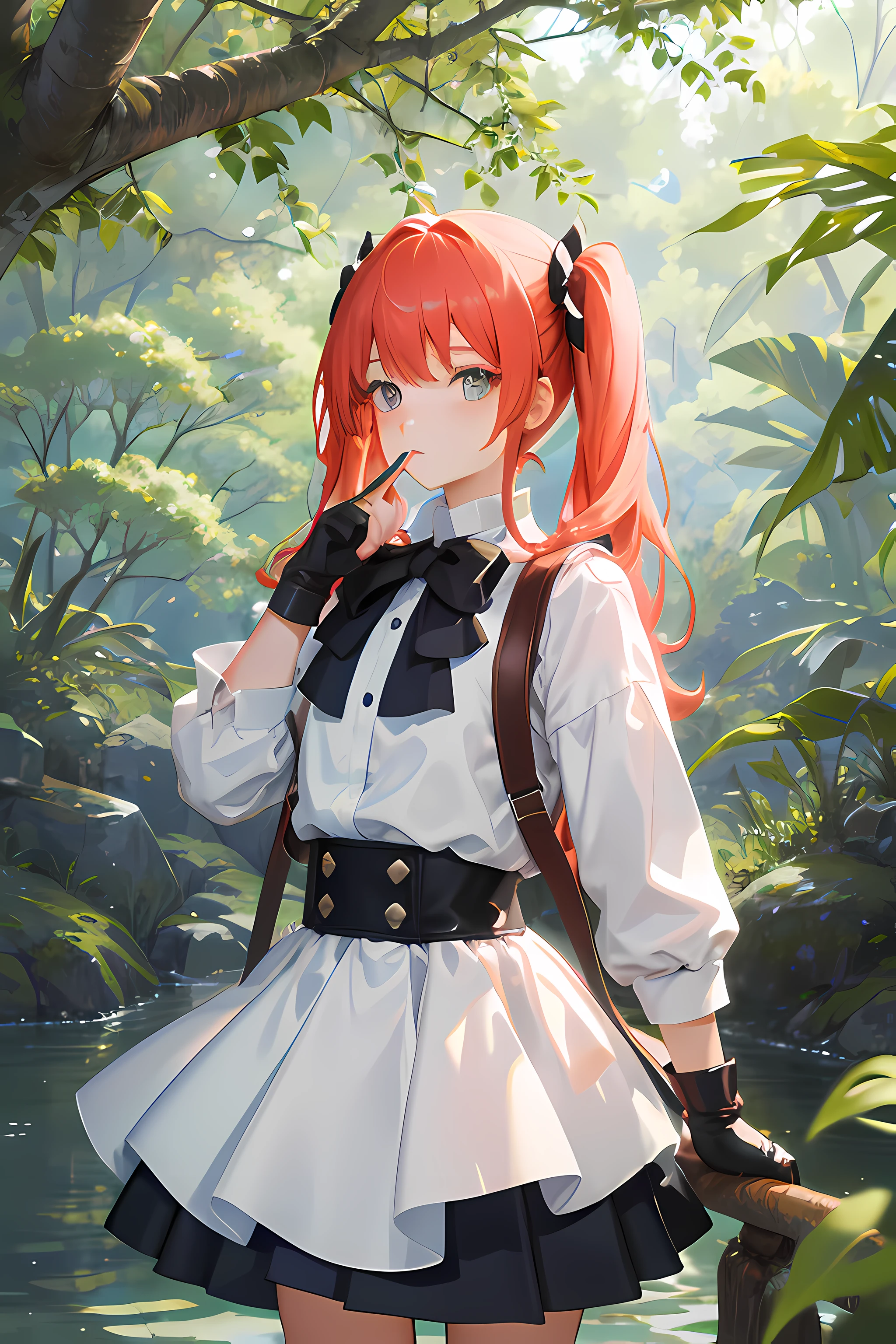 (tmasterpiece,best qualtiy:1.2),cowboy lens,big trees,1girll,Hide behind big trees,is shy,Crush,A small river behind a big tree,Hill Alencon,face expressionless,Keep your mouth shut,looking at viewert,(hand on own arm:1.2),Short twin tails,white shirt,underbust,Fluffy long sleeves,a skirt,(Fingerless gloves:1.1)