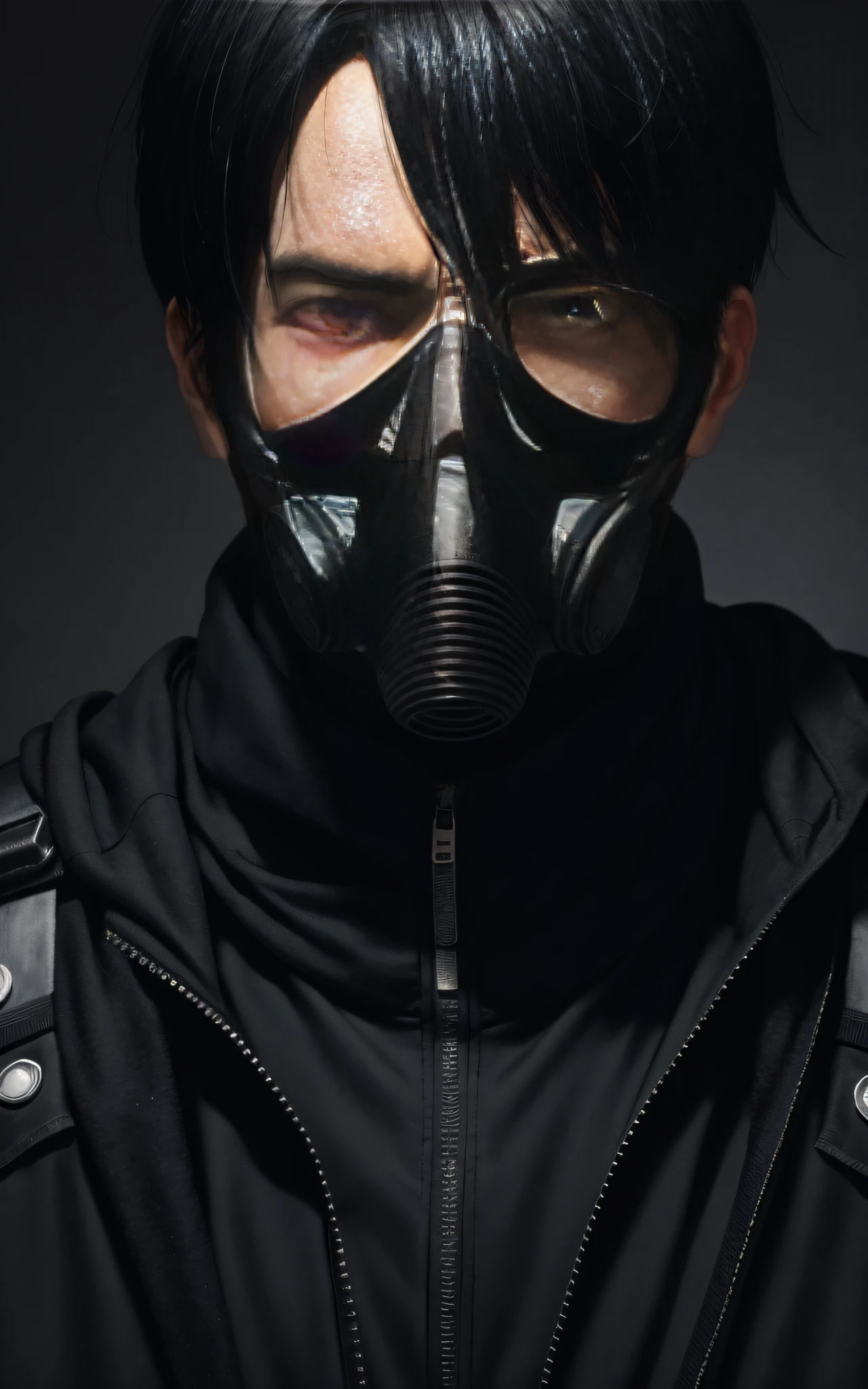 A close-up of a man with black hair wearing a gas mask, in the style of Tsutomu Nihei's world.