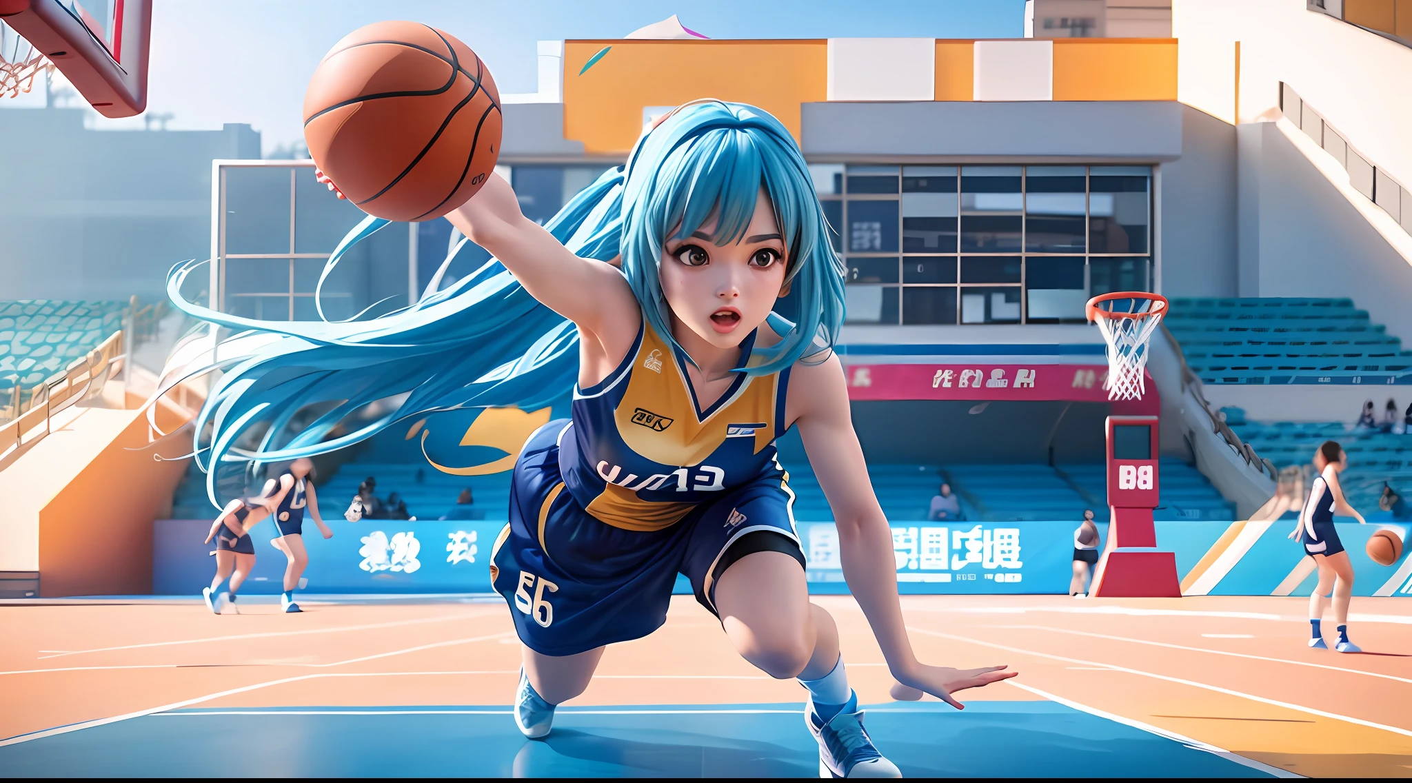 85MM FIXED,Cinematic shots,high definition 4k,blue hairs,Golden dragon horn,Basketball sportswear,It's a basketball game with other people,pretty face,delicated face,HD face details,pretty eyes,largeeyes ((On the basketball court of the Chengdu Universiade,,the night,On the pitch:1.2))