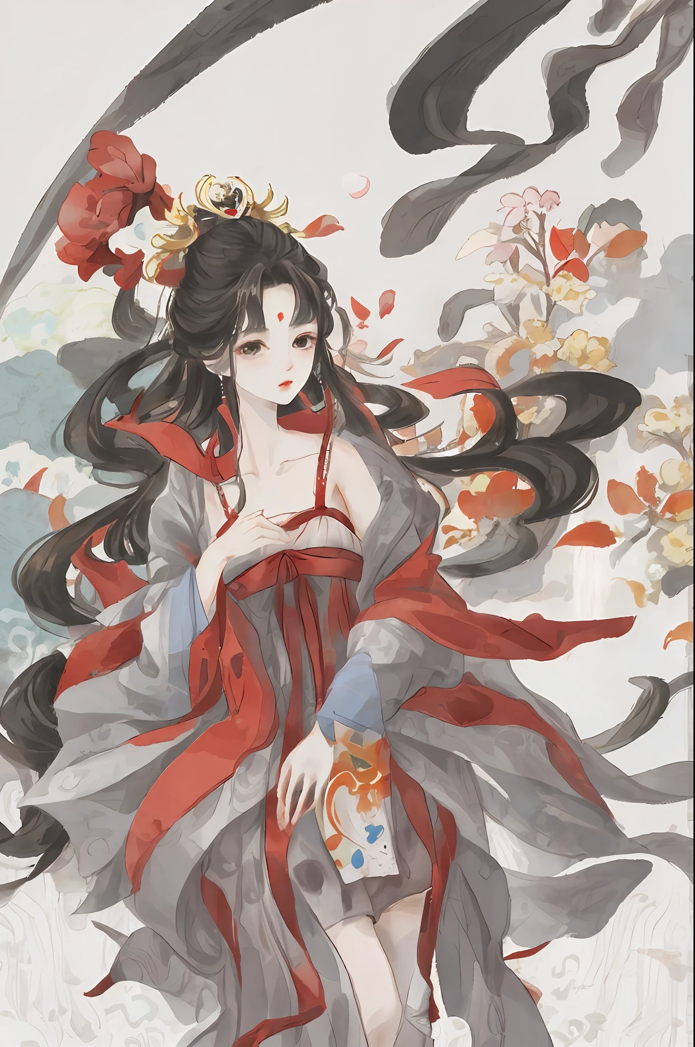 Lori huge breasts cleavage，（（cabelos preto e longos）），Long fluffy and soft black hair，（Red plum blossom tiara），Cluttered dull hair，Light red eyes，Long lower lashes，（red color Hanfu），Golden Chinese hairpin，Shawl，Celluloid style，Contre-Jour，A large patch of red plum blossoms，Plum blossom tree，Fluttering red petals，（Ukiyo-e painting style），Face composition（（A masterpiece）），8K，（Top image quality），（（delicate picture）），high light，tmasterpiece，（Watercolor rendering），（（Great CG）），（（（Highest image quality））），（High- sharpness），（Clear face），（Carefully portray the eyes），Carefully portray the face，（bust），full upper body