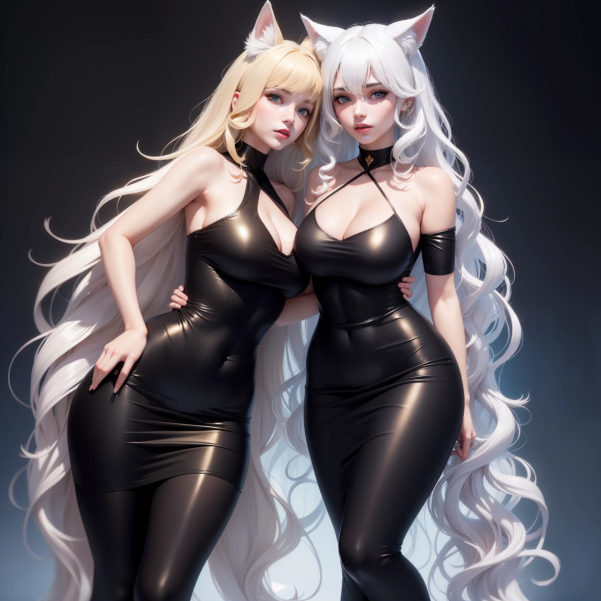 Woman with ,golden curly hair,Blue eyes,white fox ears,,black tight dress