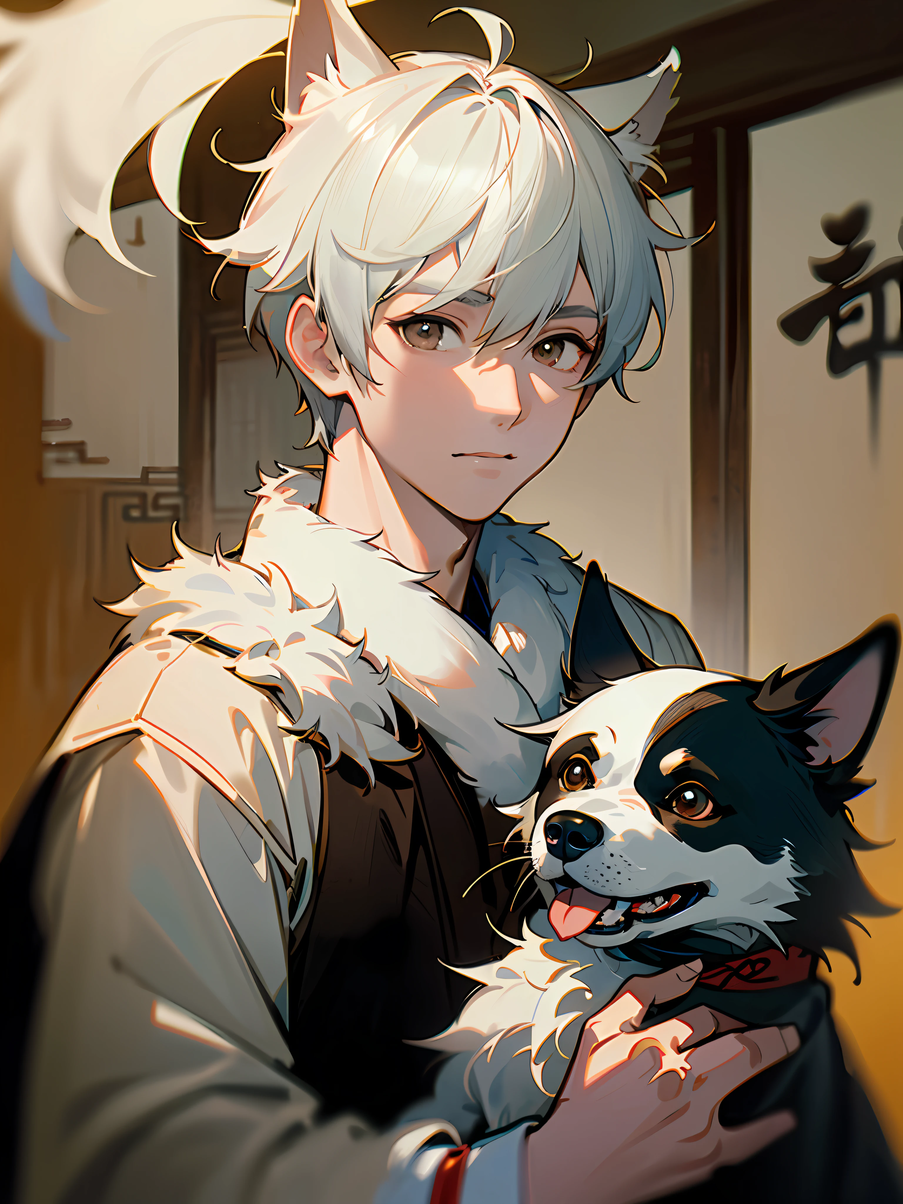 masterpiece, superb painting, (Chinese ink painting), (illustration), (1 boy), ((cute boy holding a dog)), (a dog), chinese style, (ancient china), (las mills style), (white short hair), (white messy hair), (white skin), (brown pupils), (dog ears), cute, (fur white), tang dynasty, dark gray, hiroshi yoshida, (close up), (large background), (chiaroscuro), fine facial detail, facial detail, cinema lighting, (depth of field), UHD, (upper body)