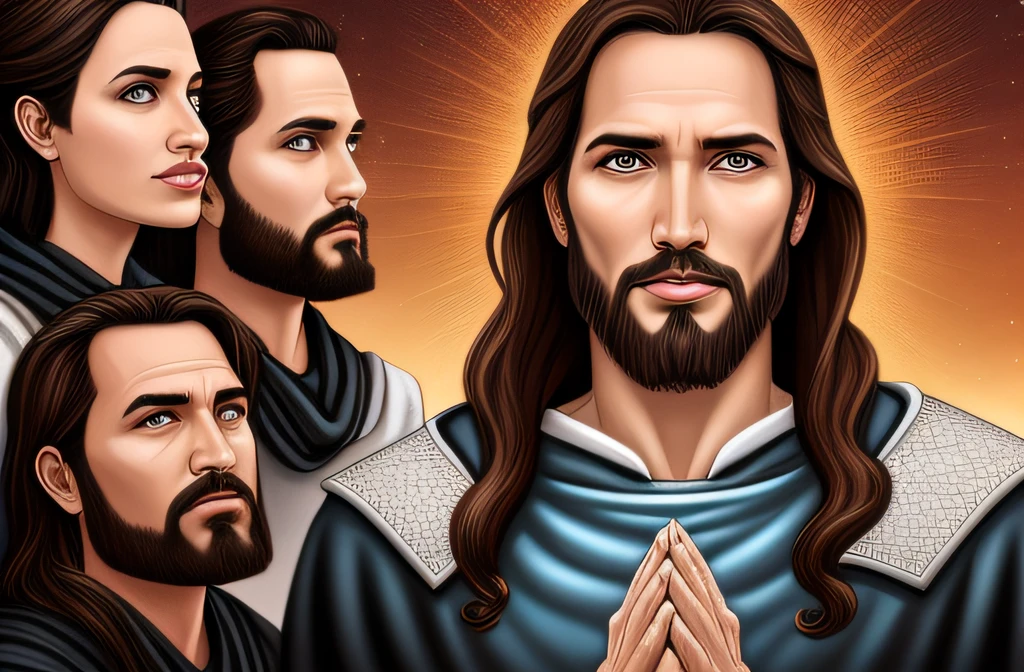 Jesus Cristo com rosto perfeito, perfect hands, olhos perfeitos, Praying with His disciples with perfect faces, perfect hands, olhos perfeitos, Jesus Cristo em Mass Effect, Jesus Cristo, catholic religious art, fan art, Retrato de Jesus Cristo, jesus of nazareth, Sakimi, imagens sagradas, Pintura religiosa, Detalhe 4K, Detalhe 4K, O Senhor e Salvador, bible illustration, altamente renderizado!!, altamente renderizado, artist rendition, Jovem Deus Todo-Poderoso