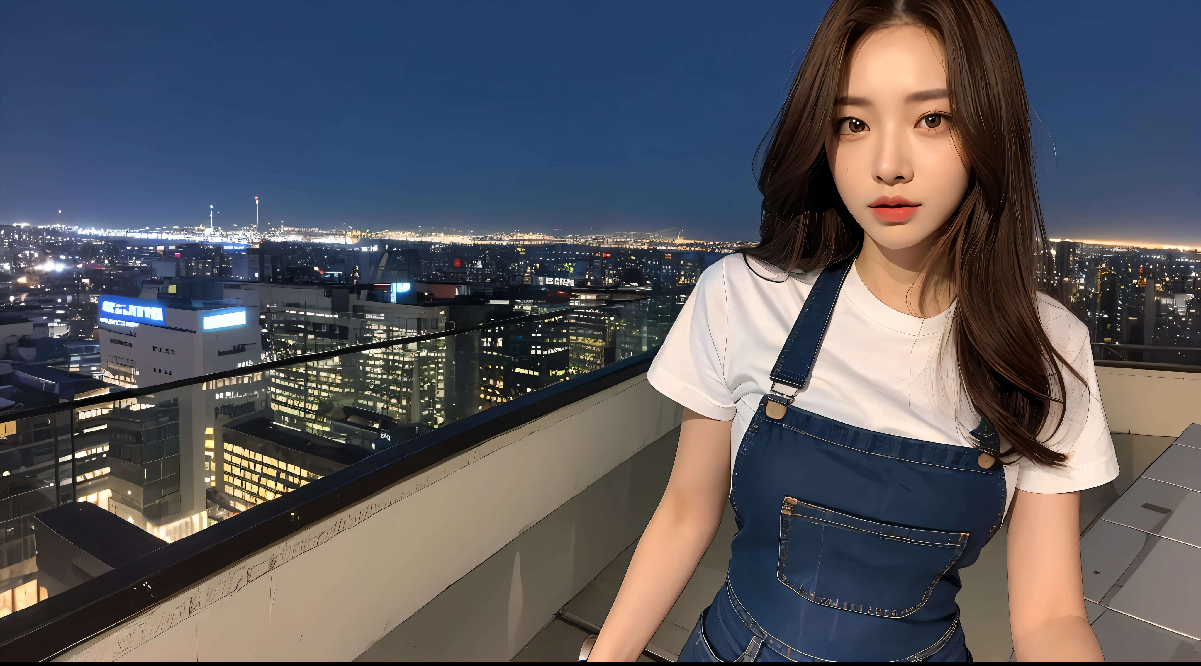 ((Midnight, Best quality, 8k, Masterpiece :1.3)), Whole body, Long legs, Sharp focus :1.2, A pretty woman with perfect figure :1.4, Slender abs :1.1, ((Dark brown hair, Big breasts :1.2)), (White tight tshirt, Jean bib, Standing:1.2), ((Night city view, Rooftop:1.3)), Highly detailed face and skin texture, Detailed eyes, Double eyelid