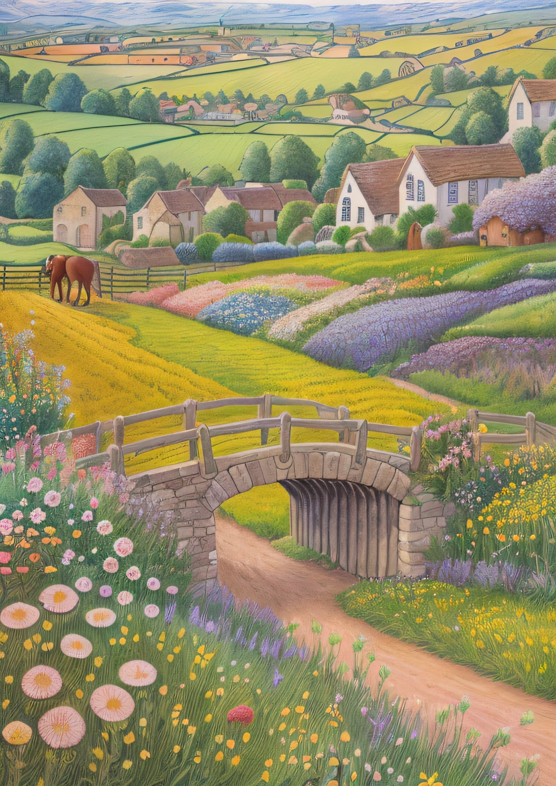 high quality comic of a horse in a field with a bridge and flowers, countryside city scene, peaceful scene, fairyland bridge, english village, story book illustration, storybook illustration, by Eileen Aldridge, cute storybook illustration, detailed art, in the countryside, a storybook illustration, magical village, childrens book illustration, published art, scenery art detailed by artist john sloane