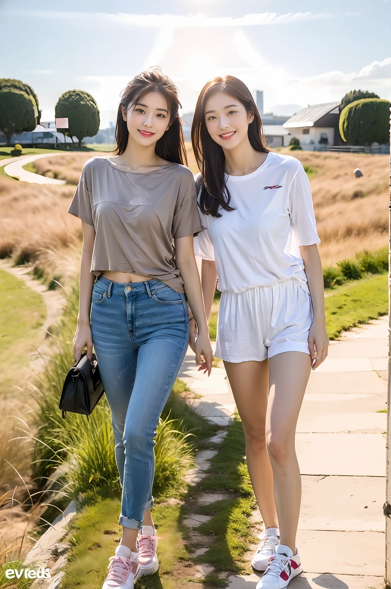 (RAW photogr,超高分辨率,tmasterpiece,best qualtiy:1.4),Complicated details,2 20 year old Korean girl,Wear a loose black T-shirt and skinny jeans,Stand on the grass and take pictures,hugs,Detailed meadow,A sweet smile on a small face,The face and skin are pink and fair,Ultra-realistic facial details,Playful and coquettish pose,The calves are straight and slender:1.5,Wear high-end branded colorful travel shoes:1.5,eventide,warm color,Broad lighting,naturalshadow,taking a full body photo:1.8