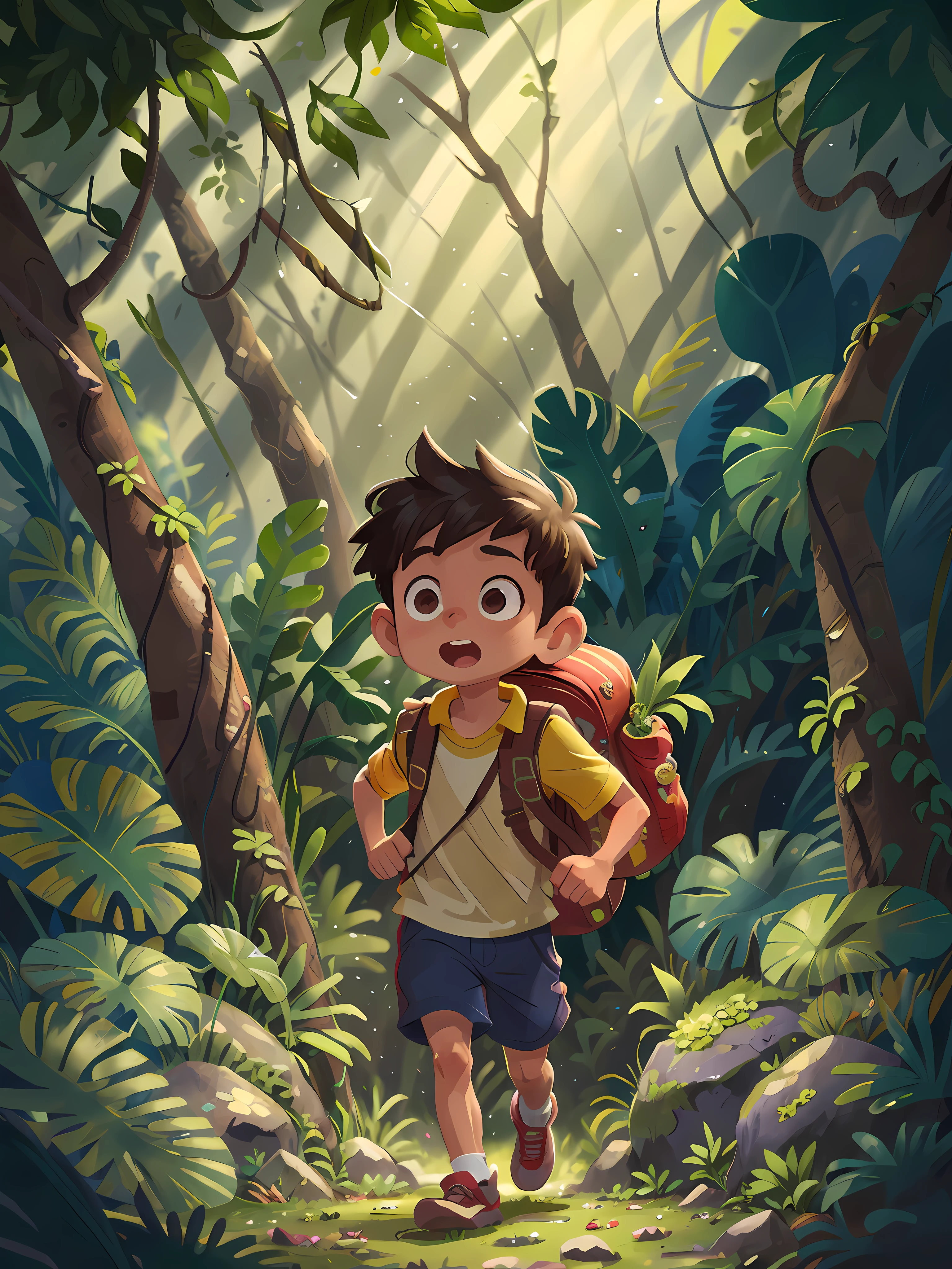 A 6--old  is running in a jungle, with exotic plants, is wearing boy scout clothes and a backpack, is happy, adventurous, perfect quality, jungle floor, rocks, and has clear focus (mess - jungle: 0.8), (masterpiece: 1.2) (Realistic: 1.2) (Bokeh) (Best quality) (Detailed Skin: 1.3) (Intricate Details) (8K) (Eye Detail) (Sharp Focus)