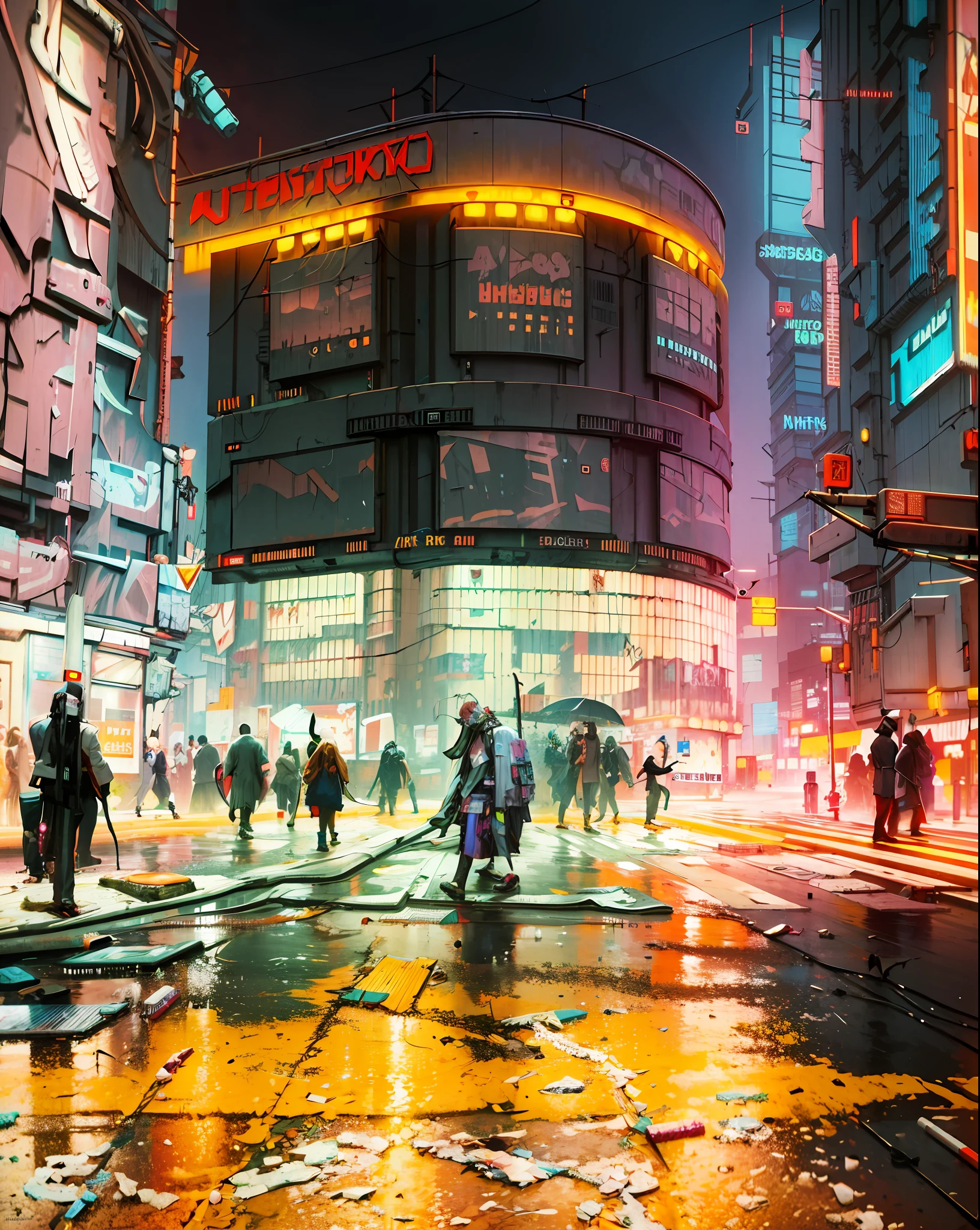 (cyberpunk:2),cyberpunk 2077, city, (night:2),street, power lines, umbrella, building, sign, rain , utility pole, neon lights,Dark Sky, car,road, east asian architecture, window, stairs, water, storefront, puddle,masterpiece, best quality