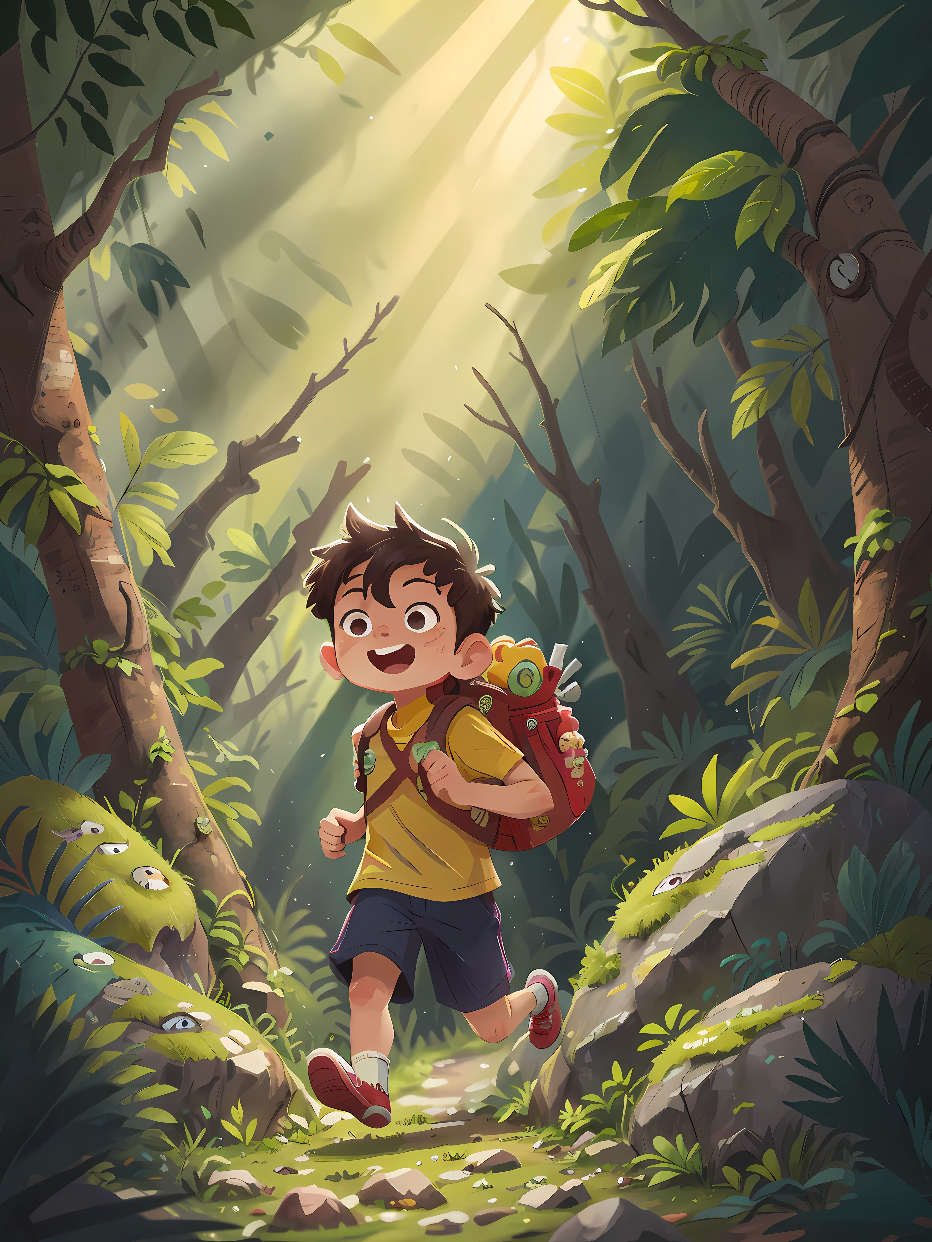 A 6-year-old boy is running in a jungle, with exotic plants, is wearing boy scout clothes and a backpack, is happy, adventurous, perfect quality, jungle floor, rocks, and has clear focus (mess - jungle: 0.8), (masterpiece: 1.2) (Realistic: 1.2) (Bokeh) (Best quality) (Detailed Skin: 1.3) (Intricate Details) (8K) (Eye Detail) (Sharp Focus)