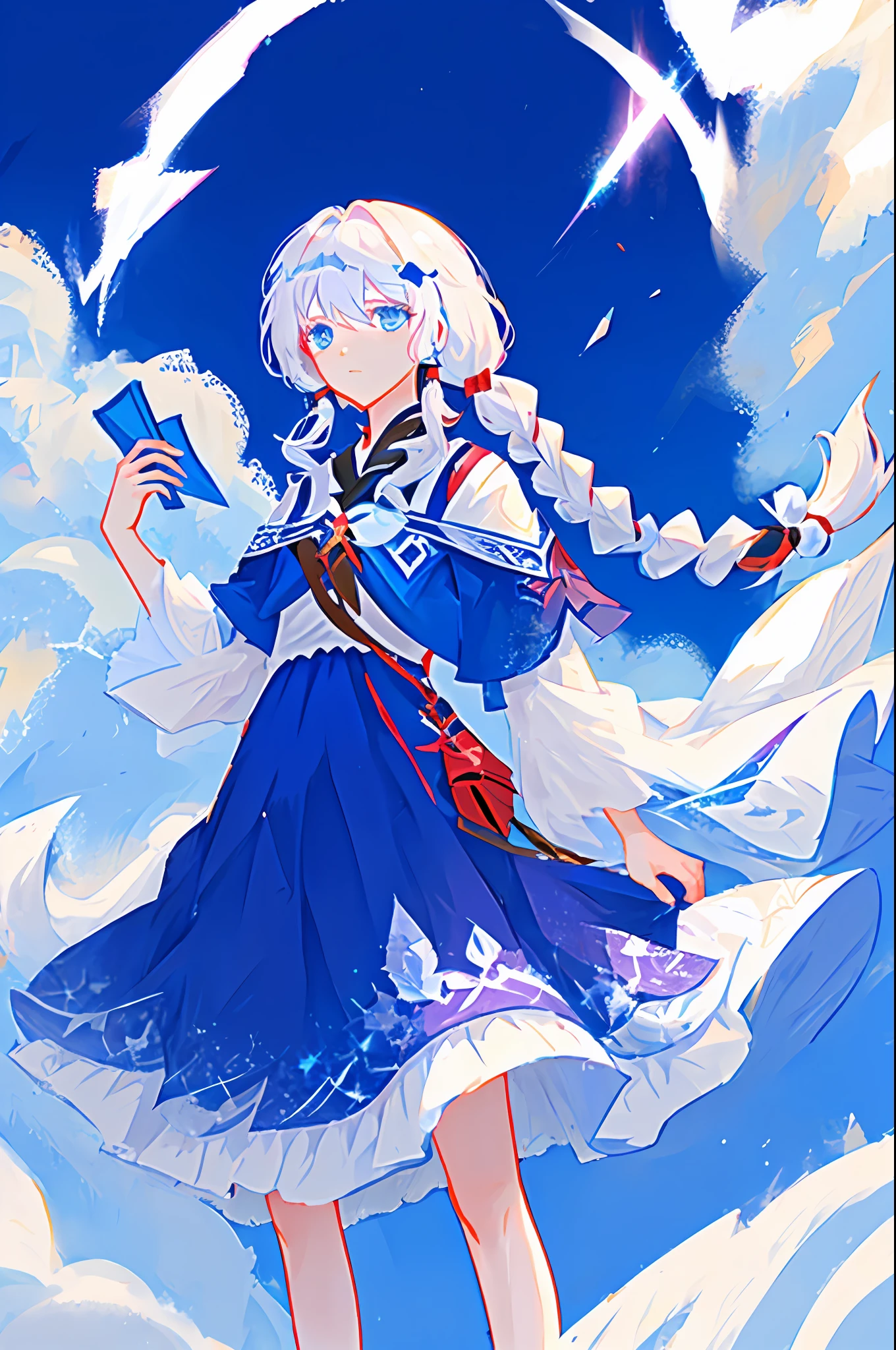 White haired, blue-eyed woman wearing a Honkai impact style horsewoman's outfit with long braids