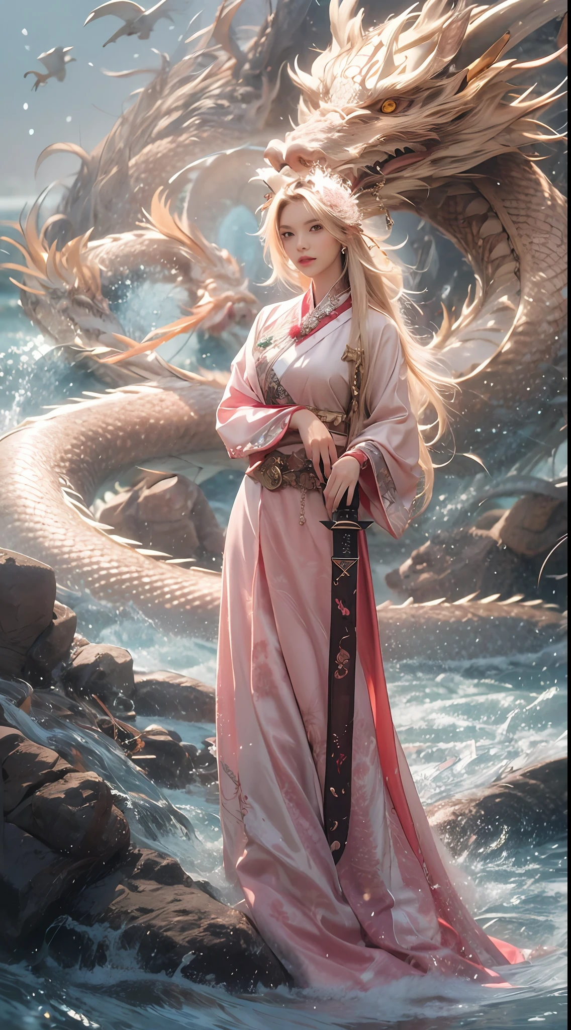 (Best quality), (Masterpiece), a very exquisite and beautiful girl, Very detailed, Amazing, exquisitedetails, offcial art, Super detailed, high-class, beautiful details girl, with a radiant face, a girl  standing in front of a dragon, Long, without humans, Dragon, (Floating blonde hair), jade water book, water, Waves, fullofwaterenergy, All mechanical, pink mechanical, mix4,swordsman,1girll