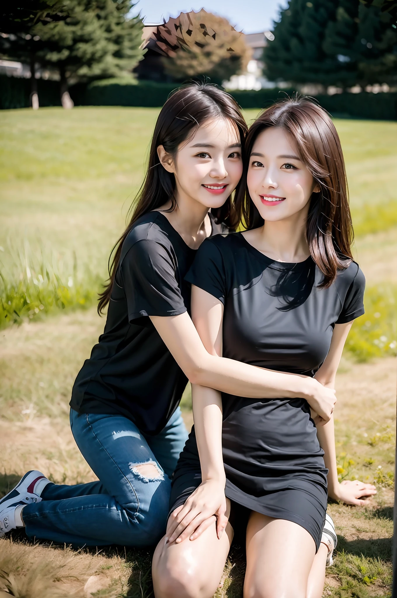 （RAW photogr，超高分辨率，tmasterpiece，best qualtiy：1.4），Complicated details，2 20 year old Korean girl，Wear a loose black T-shirt and skinny jeans，Stand on the grass and take pictures，hugs，Intimate relationships，Detailed meadow，A sweet smile on a small face，The face and skin are pink and fair，Ultra-realistic facial details，Playful and coquettish pose，The calves are straight and slender:1.5，Wear high-end branded colorful travel shoes:1.5，eventide，warm color，Broad lighting，naturalshadow，taking a full body photo:1.8