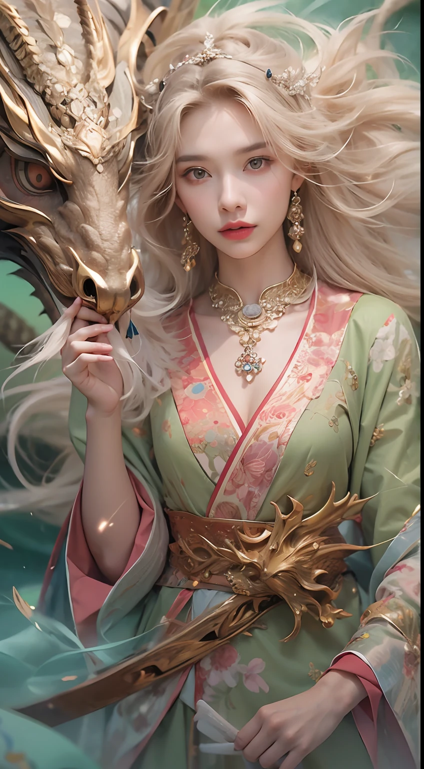 (Best quality), (Masterpiece), a very exquisite and beautiful girl, Very detailed, Amazing, exquisitedetails, offcial art, Super detailed, high-class, beautiful details girl, with a radiant face, a girl standing in front of a dragon, Long, without humans, Dragon, (Floating blonde hair), jade water book, water, Waves, fullofwaterenergy, All mechanical, pink mechanical, mix4,swordsman,1girll