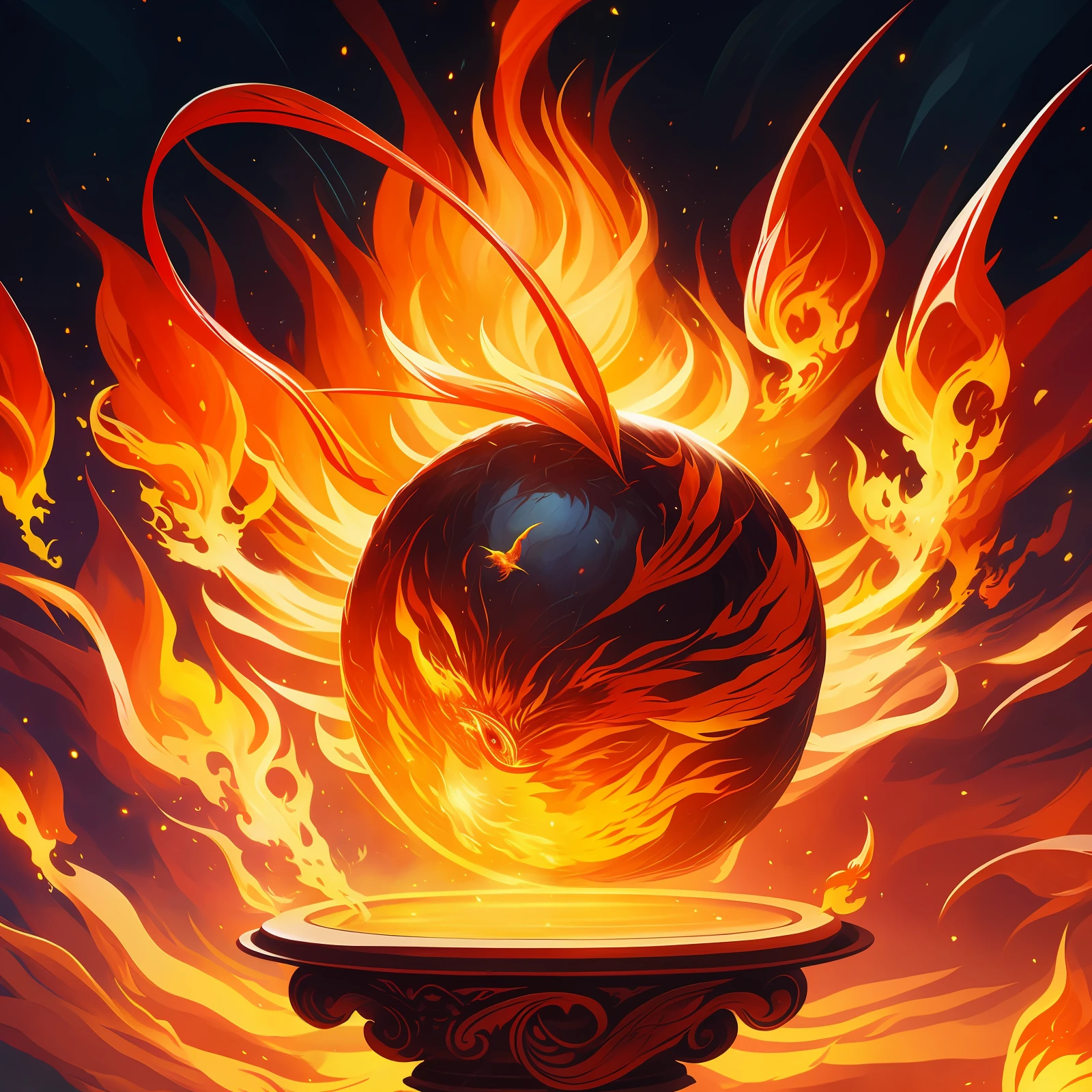 There is a fireball，There is a bird on it, Red fireball, holy fire spell art, mana flowing around it, glowing magma sphere, theelementoffire, full art, a portal to the lost flame realm, artwork of a phoenix, fire powers fire swirling, magic the gathering art style, Fireball,  mtg art style