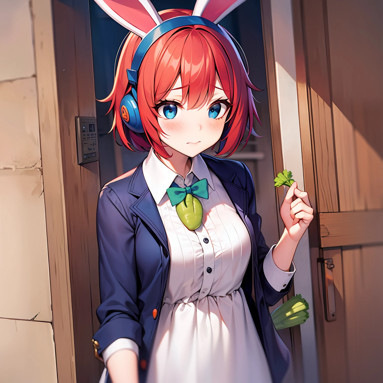 red haired girl (with blue bunny ears) short hair, with a shy and blushing expression (while holding a carrot)