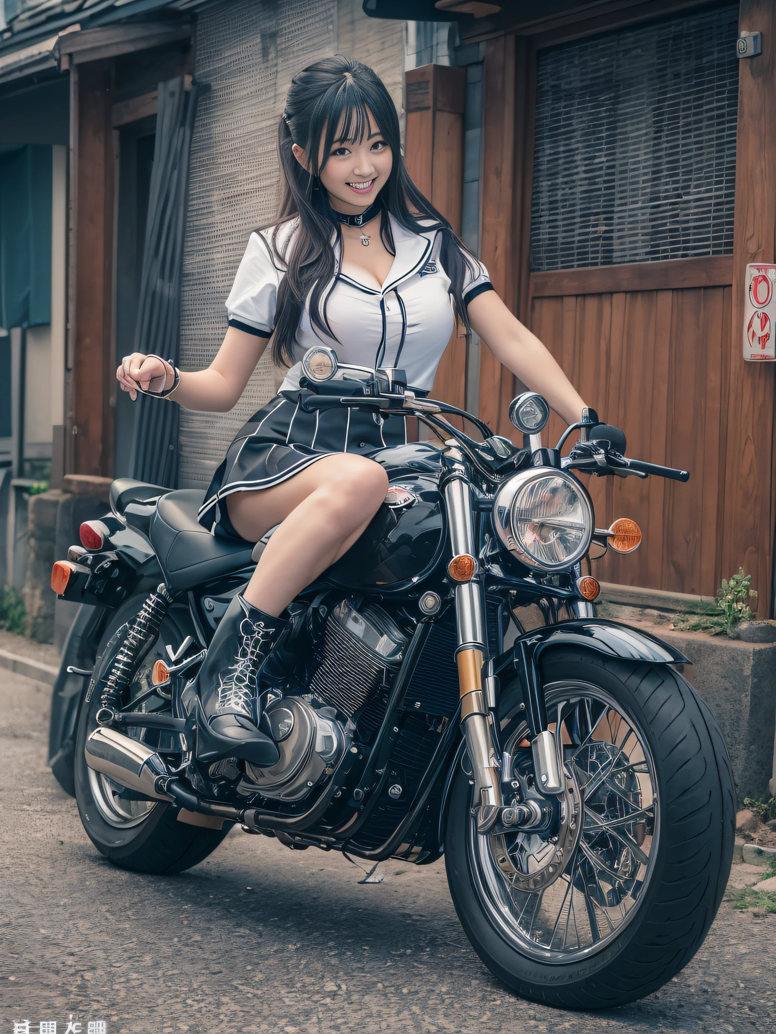 top-quality、超A high resolution、1人、a sailor suit、a miniskirt,(huge-breasted:1.2)、Black boots, Sitting on a motorcycle with legs crossed, Long Black Hair,poneyTail, Photo, Residential area,Live action,japanes,独奏,Beautiful expression,Wearing black tights,beautiful smiling face,perfect body type,Black Choker,Live action,No logo,No letters,Wearing black stockings,I can see my cleavage.,The wind seems to flip up my skirt,Shining eyes,Realistic gravure idol,Photographed with a7 IV.,Shot with GM135mm