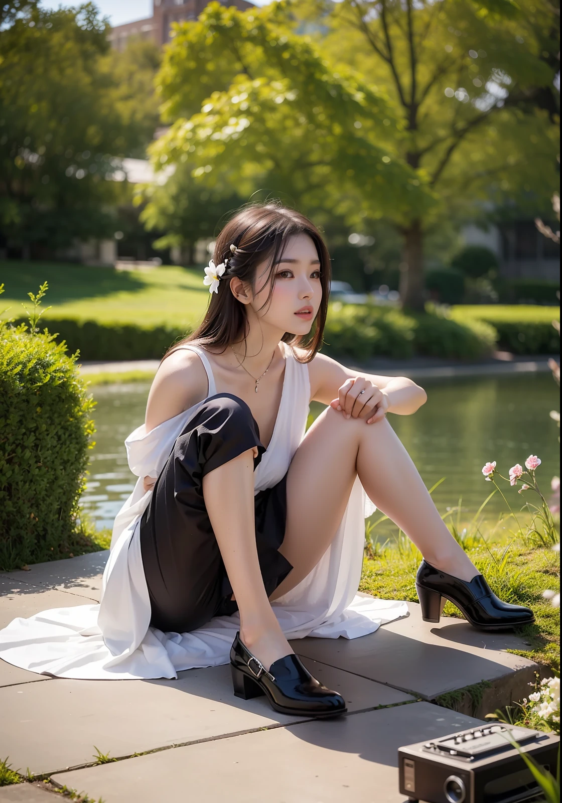 （Whole body diagram：1.5）,（shoe：1.7），（top Quority，8K，tmasterpiece，：1.3），Beautiful woman with perfect figure，The most delicate Chinese beauty，Straight long black hair，Most exquisite，Regular facial features，The most beautiful girl，cropped shoulders，Beautiful girl sitting on the shore，downy，dreamlike quality，light white and dark brown，Exaggerated features，solidcolor，Frank holly，Light gray and light brown，Naturally moving，realisticlying，超高分辨率，Photorealistic feeling，Image of a picturesque park scene，(A radiant young woman sits on the stereo：1.6), strumming her ukulele with finesse. Surrounding her, an array of vibrant blossoms bloom, dotting the landscape with bursts of color.