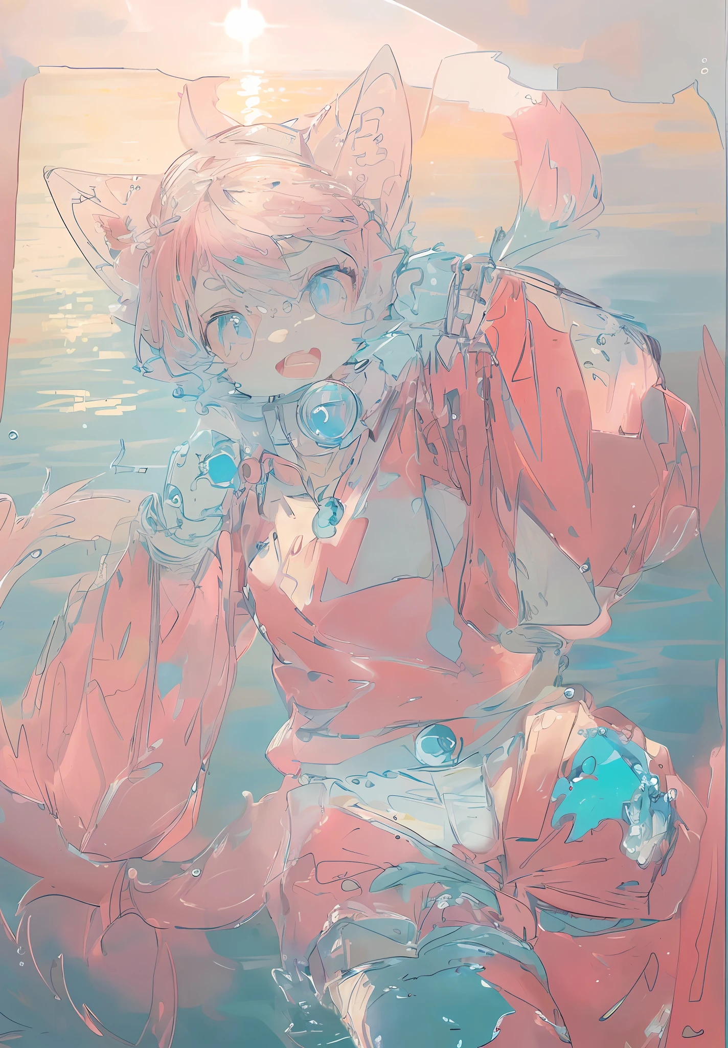 art by Cornflower, Dreamy
(A petite figure,Girl with beautiful eyes. The depth of field in the photo was perfect, and the lens flare added a nice touch. The meticulous facial features on her face are really prominent, And the score of this photo is definitely greater than 10. in the background, There is a beautiful ocean,The sea is crystal clear,There are water droplets on the surface of the water. It's a stunning photo,Really captured the beauty of the girl and the water.),Pink hair,Pink clothes